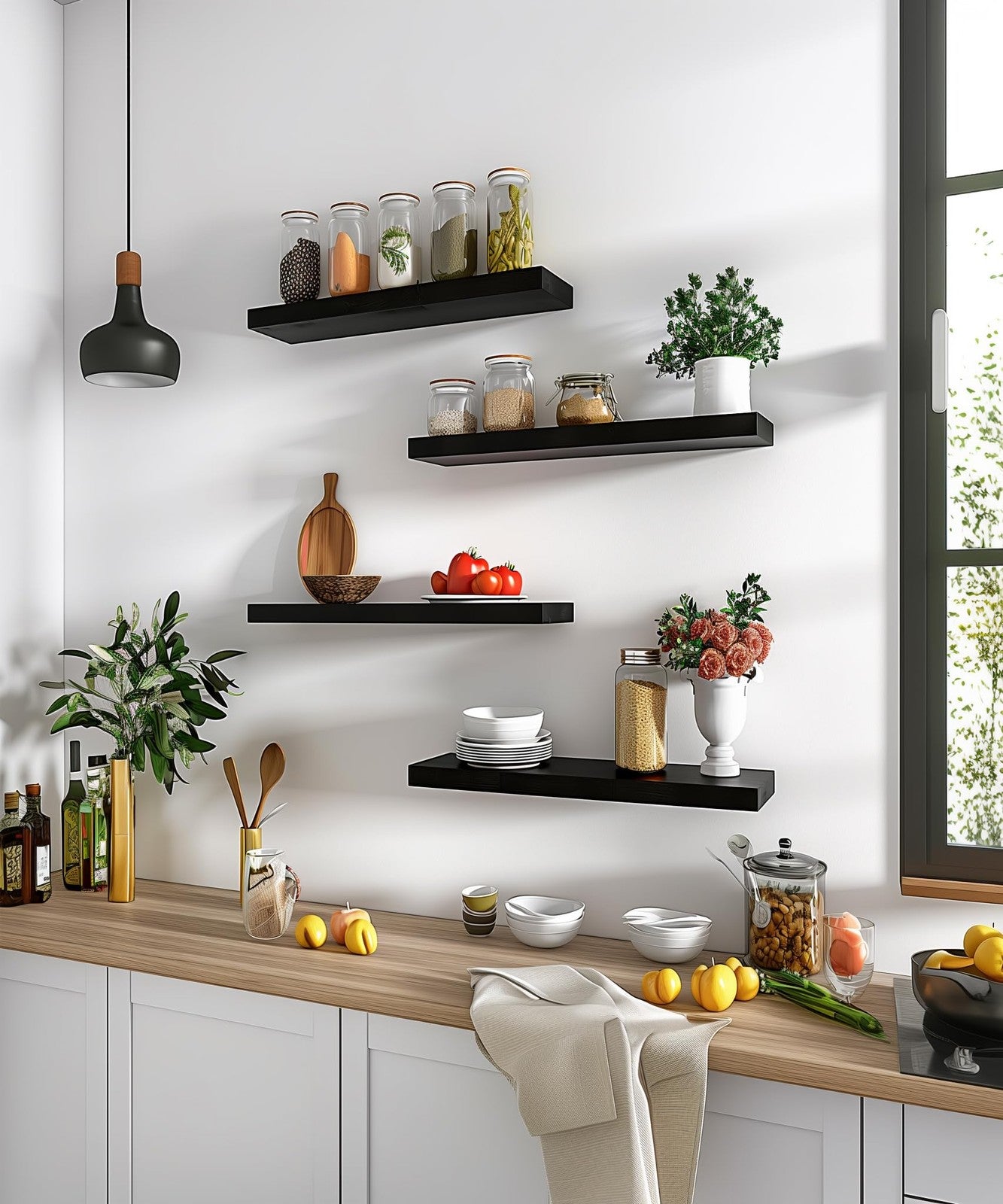 PHPH wood floating shelves set of 6 black wall shelves for bedroom, 17 inch length, mounted on a wall with decorative items.