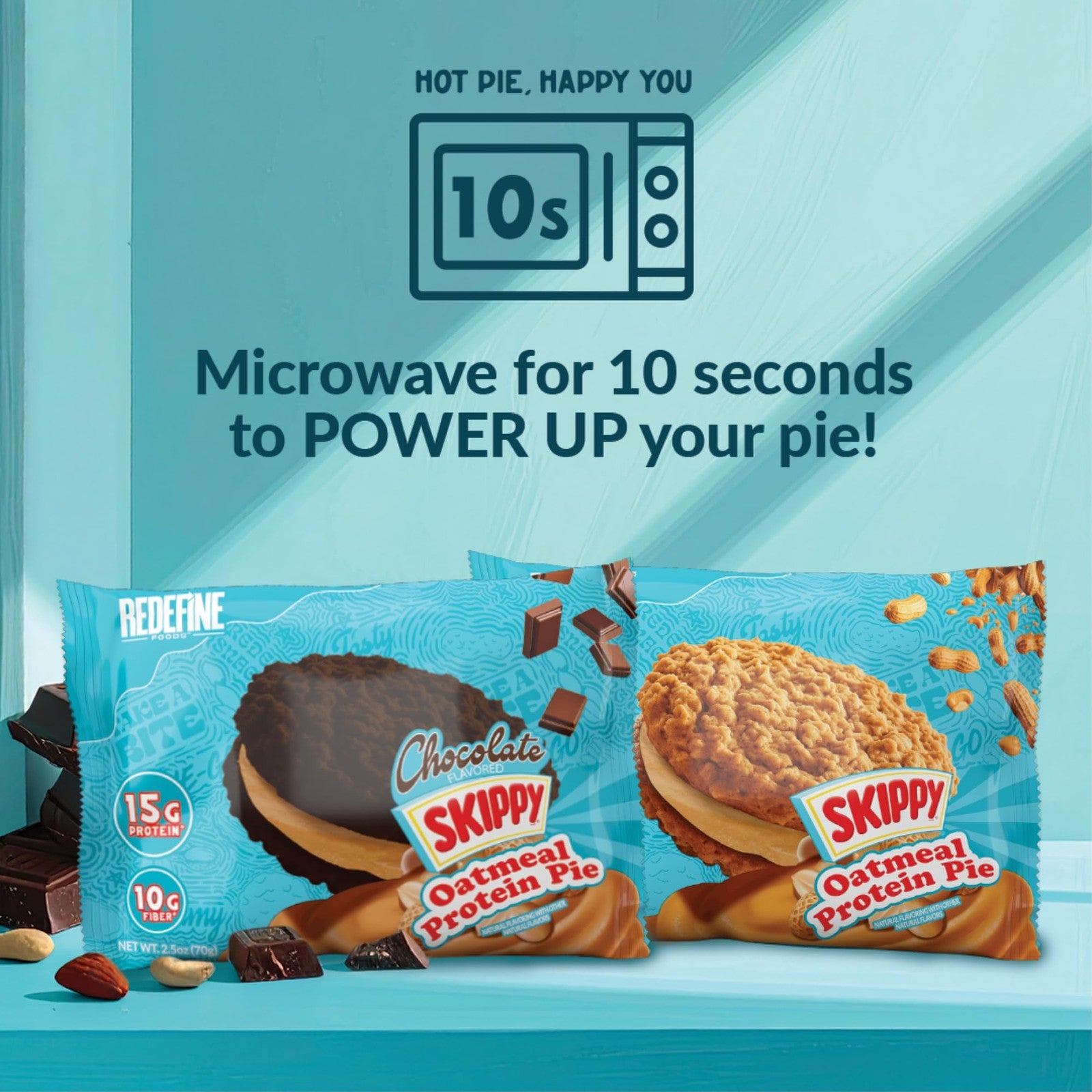 Redefine Foods Oatmeal Protein Pie with Skippy Chocolate flavor, 8-pack, featuring 15g of protein per pie.
