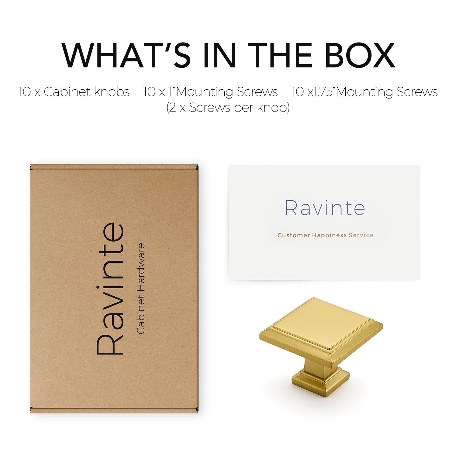 Set of 10 Ravinte brushed brass kitchen square cabinet knobs with solid construction and 1-3/16 inch size.