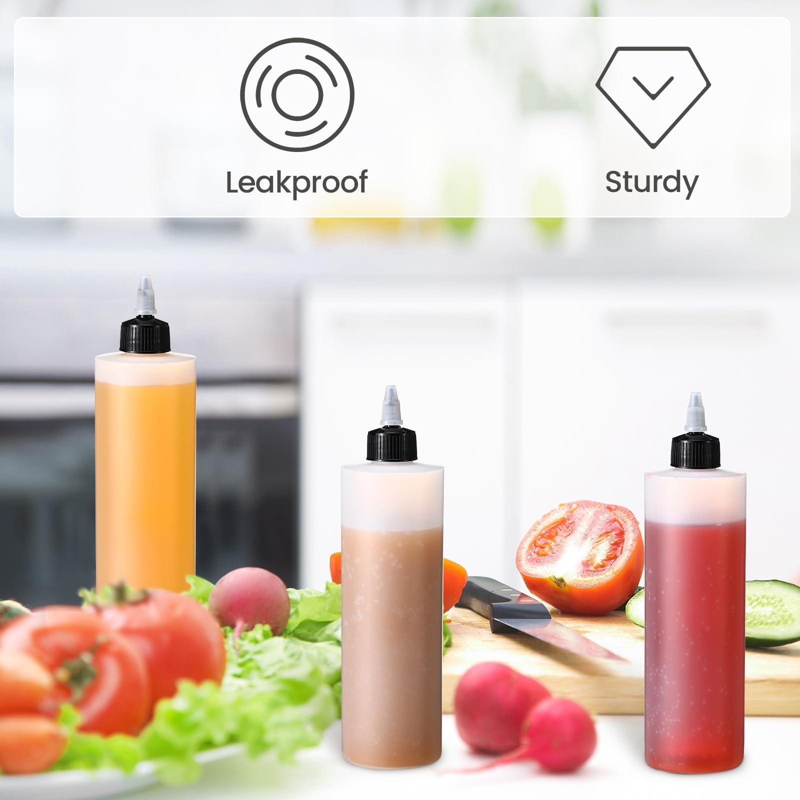 Set of 30 black Irenare 16oz plastic condiment squeeze bottles for sauces, BBQ, and dressings, shown stacked with caps off.