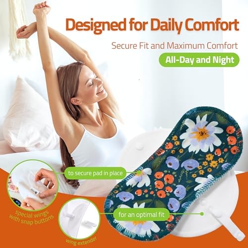 Set of seven organic cotton reusable panty liners for women and teens, medium size, by Natissy, shown in a natural fabric arrangement.