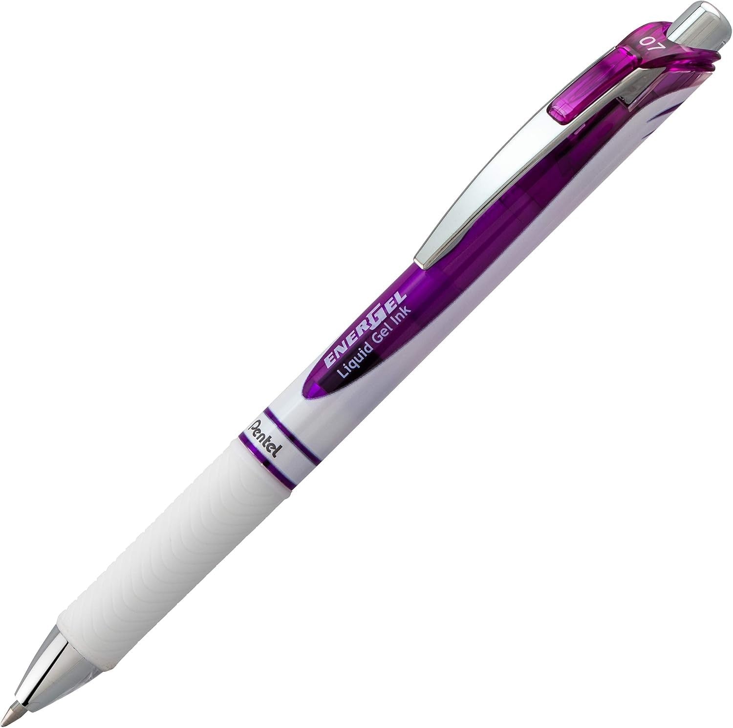 Pentel Energel Pearl medium point 0.7mm retractable metal tip pen displayed with blue ink on white background.