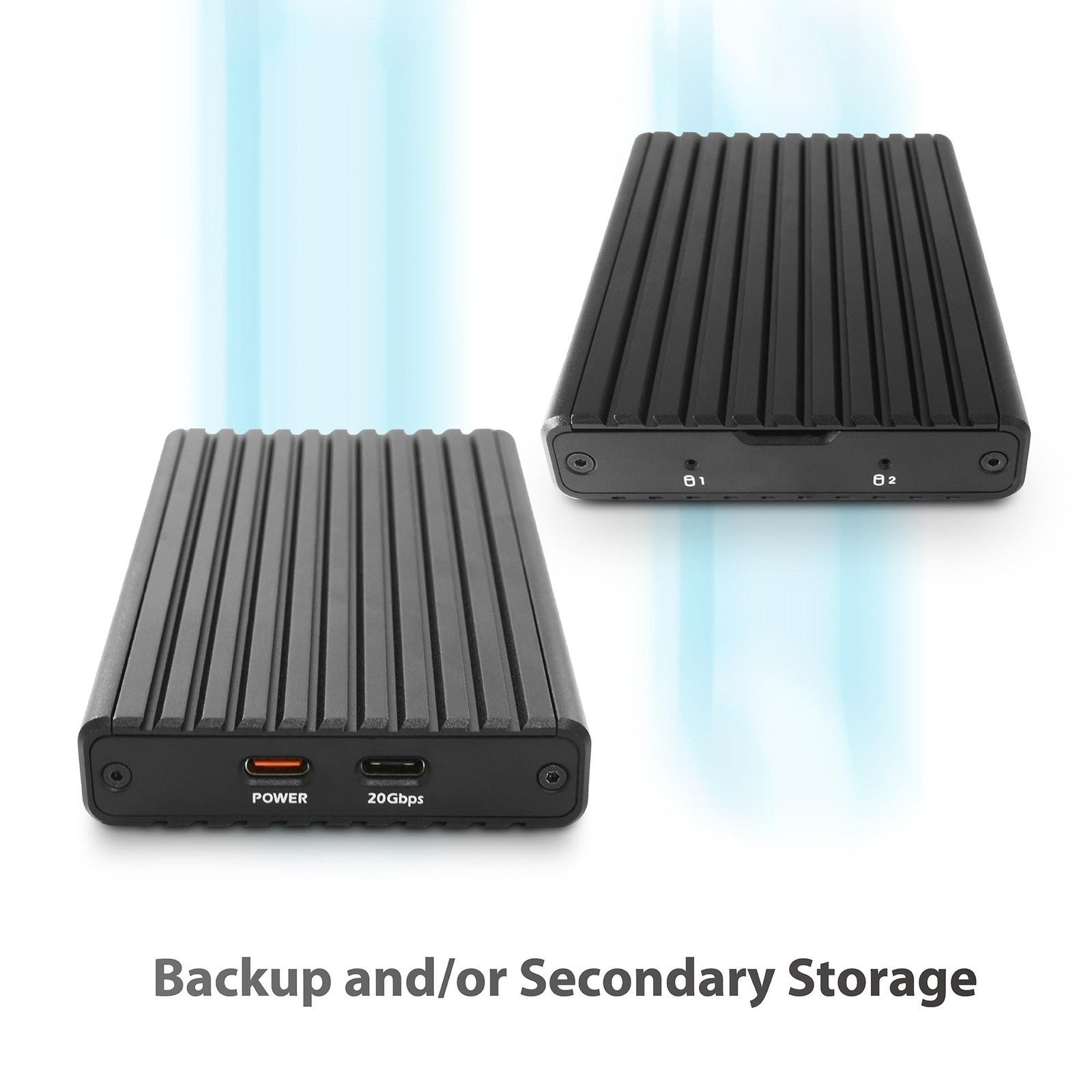 Vantec NexStar SX USB 3.2 Gen2x2 dual M.2 NVMe enclosure with USB C port, designed for fast external SSD storage.