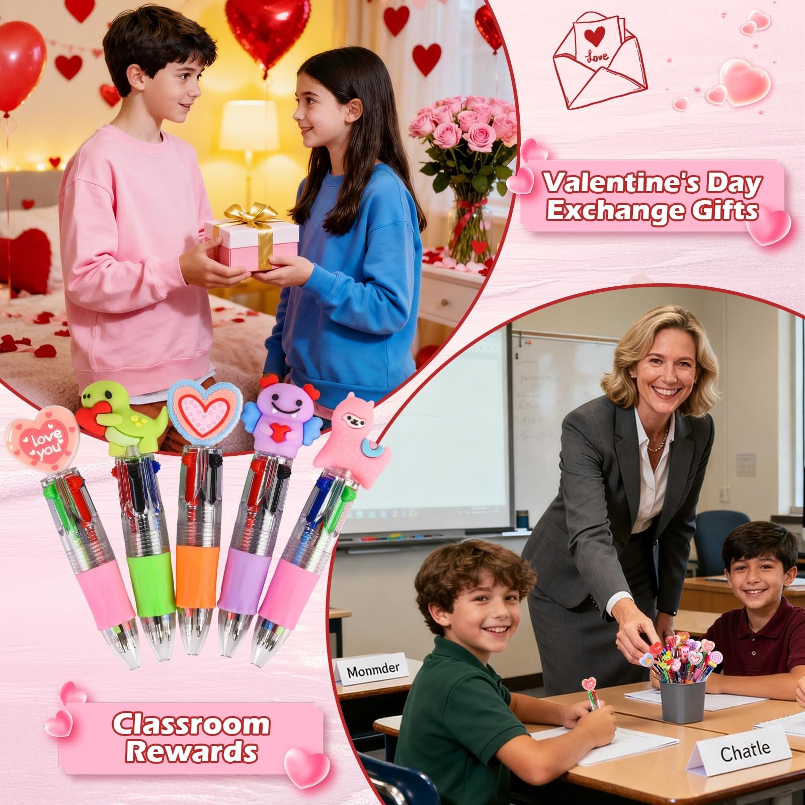LiYiQ 100 pcs Valentine's Day animal multicolor pens set featuring cute cartoon designs for fun writing and gifting.