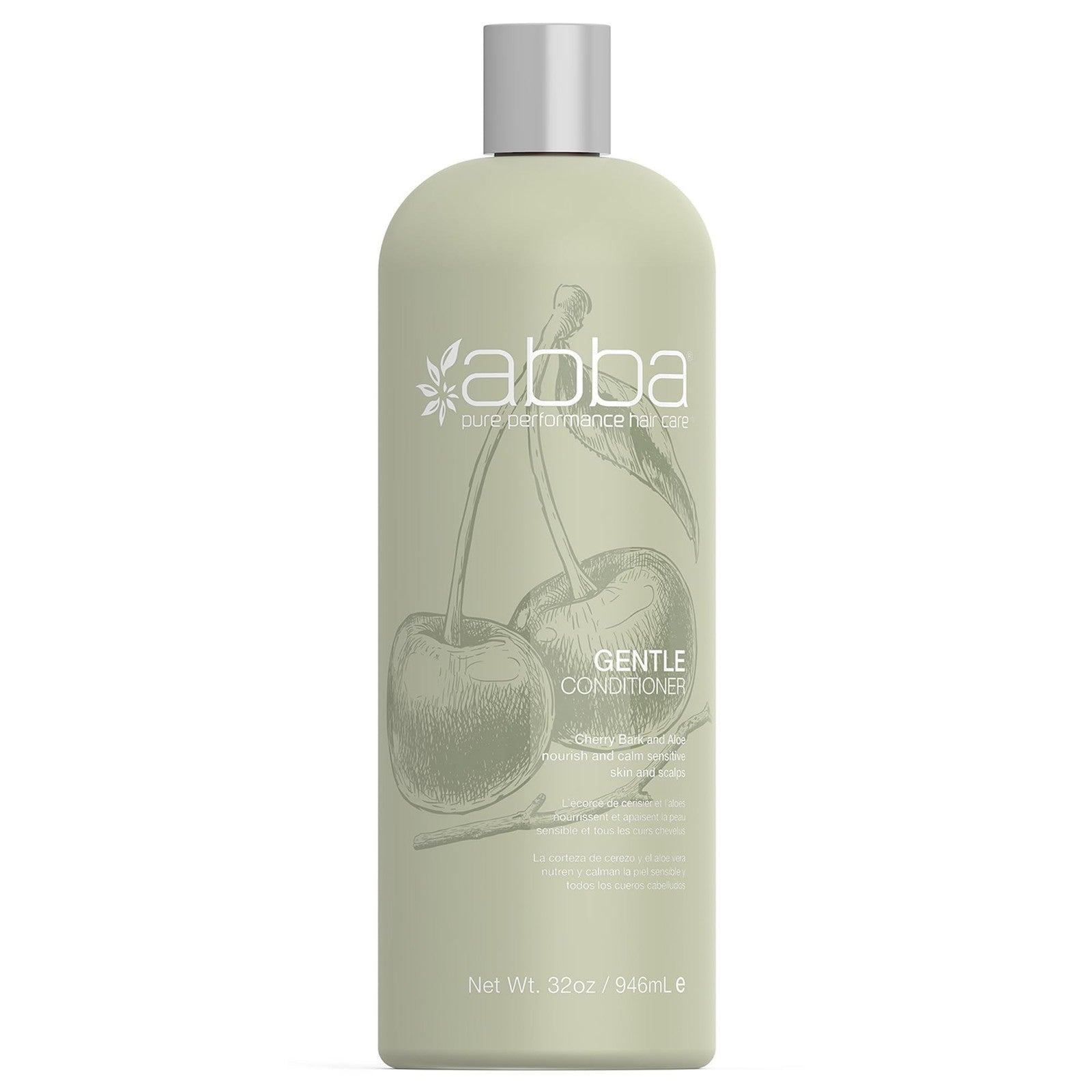 ABBA Pure Gentle Conditioner with cherry bark and aloe in a 32 fl oz bottle, showing the conditioner and packaging.