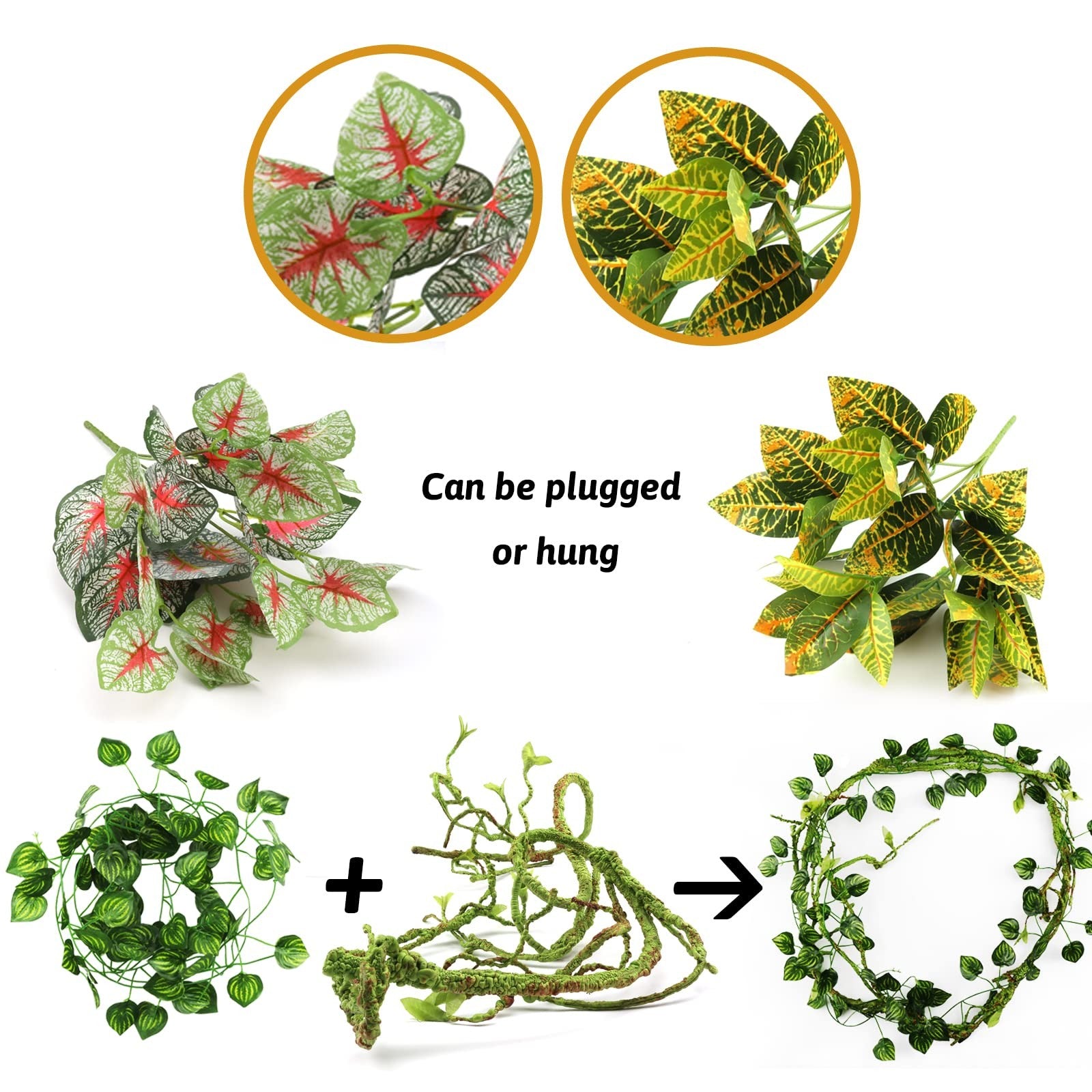 PietyPet reptile terrarium plants and vines for leopard gecko, snake, and lizard decor in a natural habitat setup.