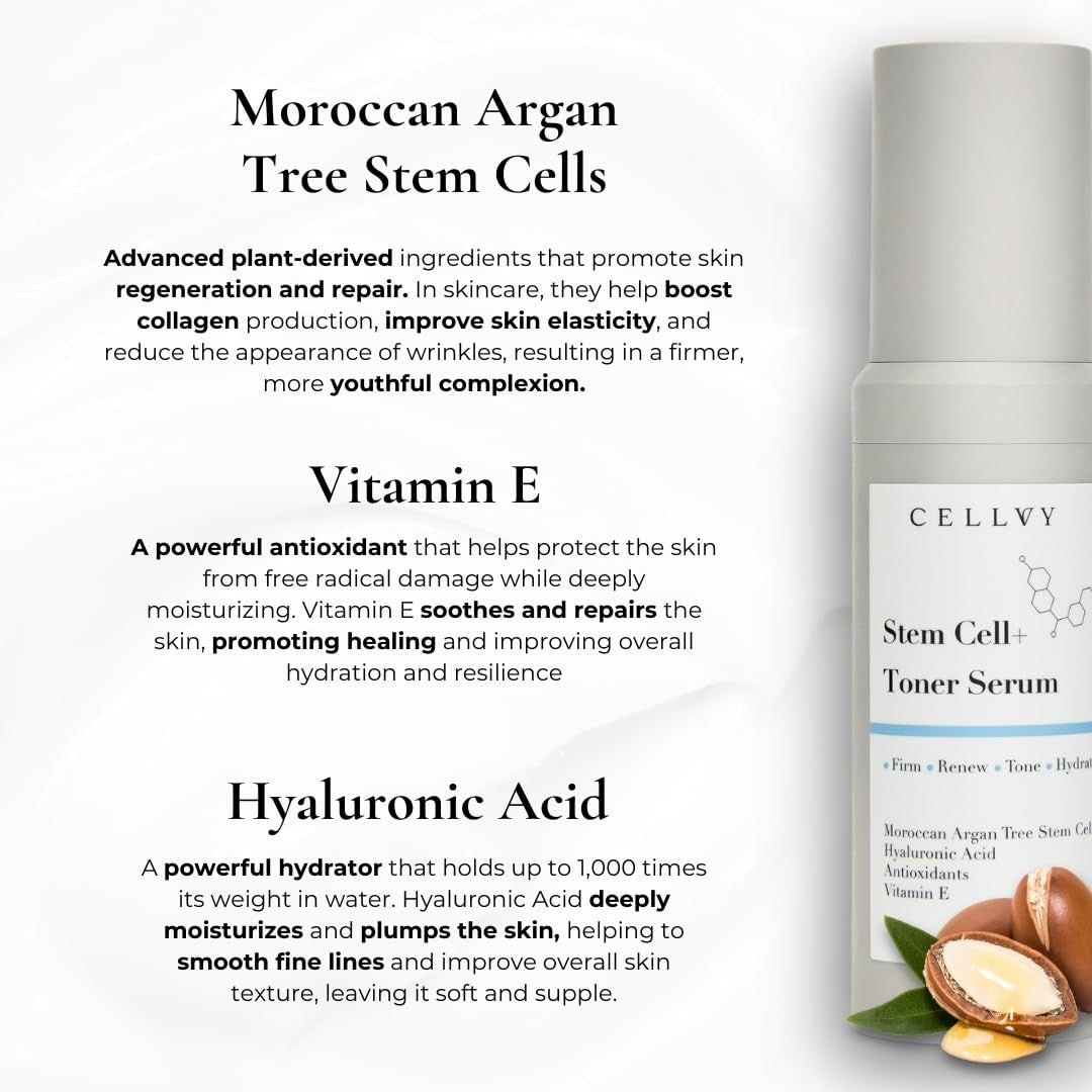 CELLVY Korean Stem Cell and Toner Serum with Moroccan Argan Tree Stem Cells and Hyaluronic Acid, in a sleek bottle.