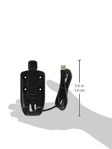 Black Garmin 010-12525-00 powered mount for GPS devices, showing the mount's sleek design and connection port in a close-up view.