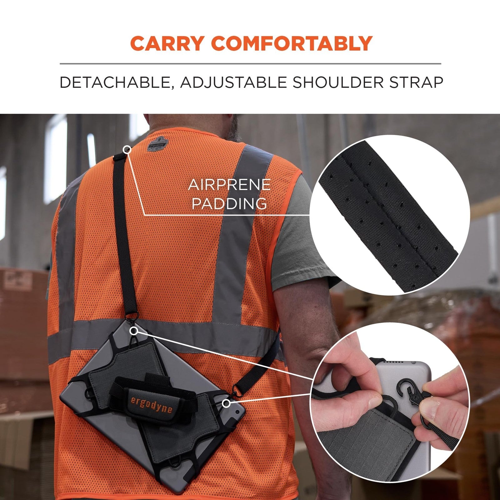 Ergodyne Squids 5549 tablet holder with adjustable shoulder strap, shown holding a tablet device for secure mobile use.