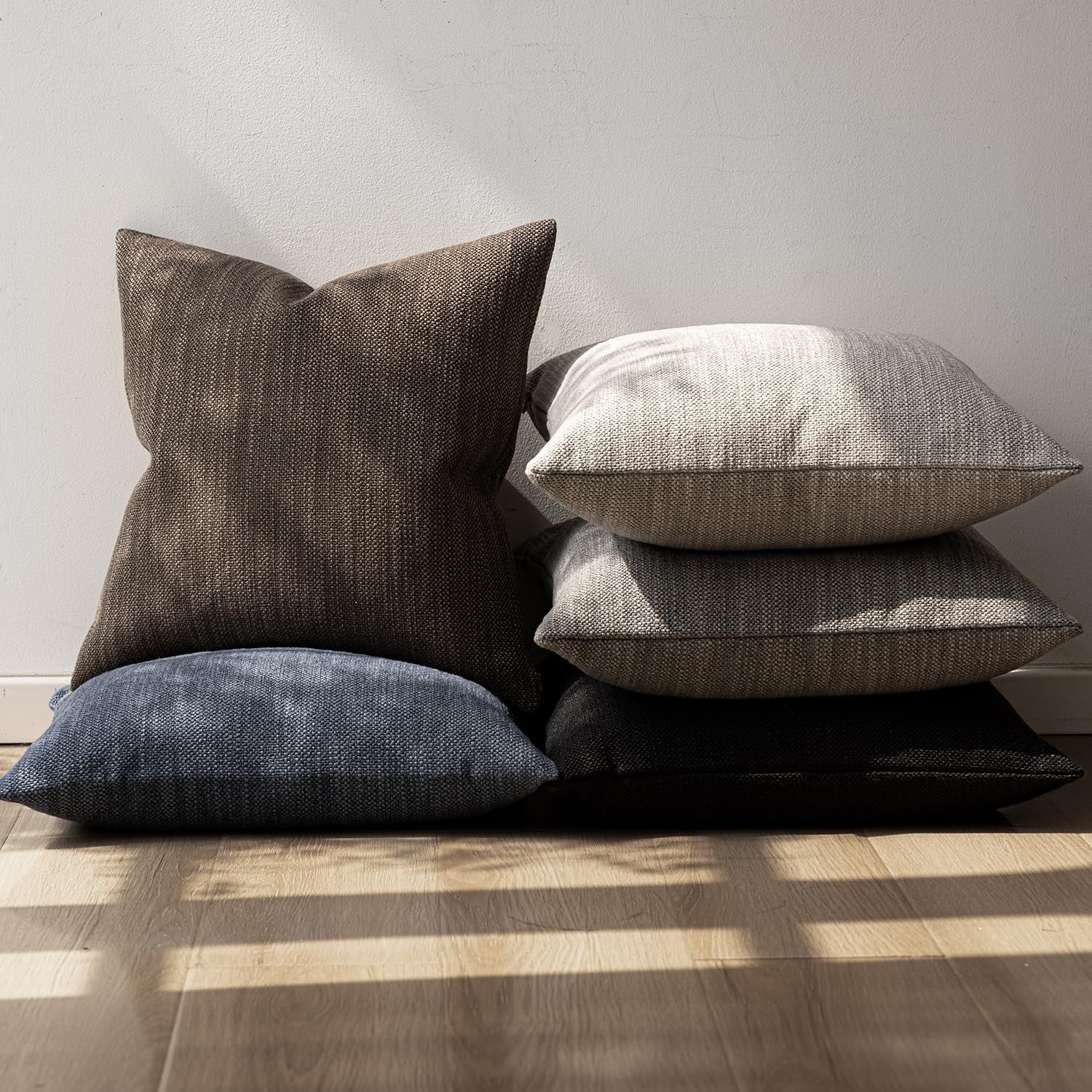 Foindtower set of 2 decorative burlap linen throw pillow covers with textured farmhouse design on neutral fabric.
