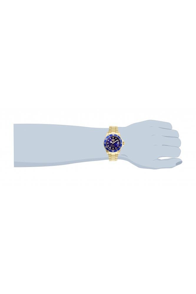 Invicta Men's Pro Diver Quartz Watch with stainless steel gold band and blue dial, showcasing the watch face and bracelet.
