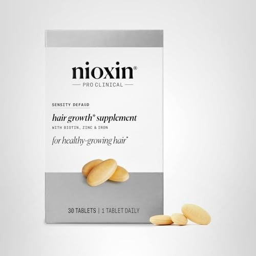 NIOXIN Density Defend Hair Growth Supplements bottle with label showing biotin, zinc, and iron ingredients.