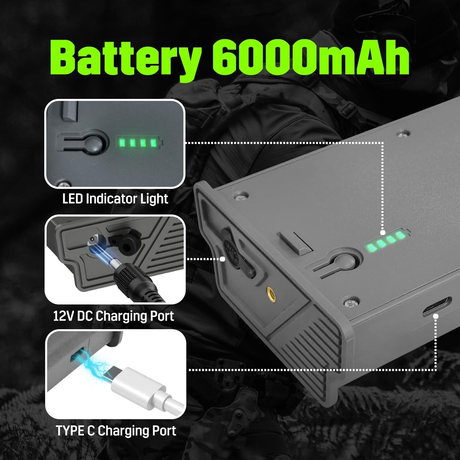 Azonpower 6000mAh rechargeable lithium battery pack for Reveal trail camera, showing the compact battery design and connectors.