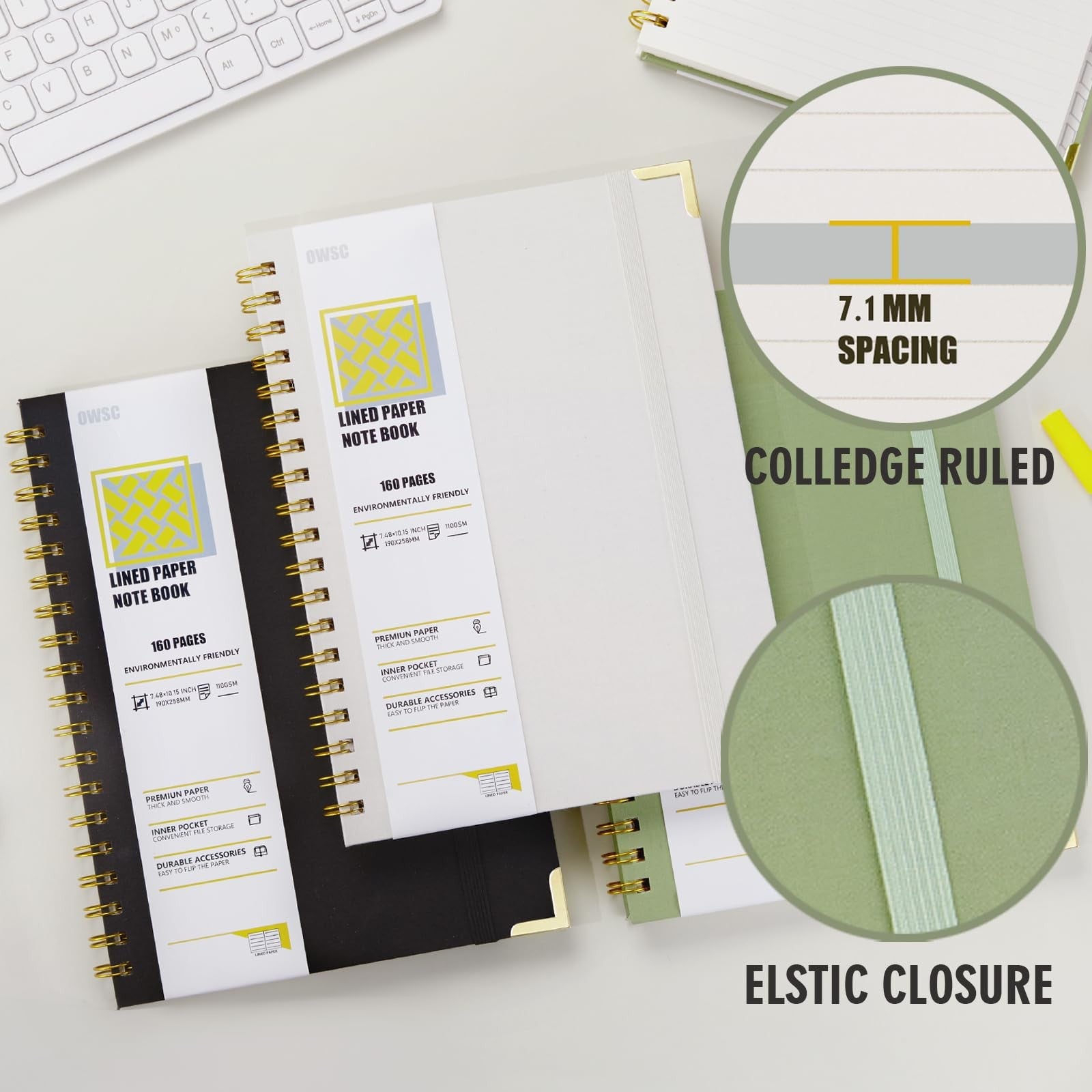 OWSC lined spiral notebook with thick 110 GSM paper, 480 pages, B5 size for college note-taking and writing.