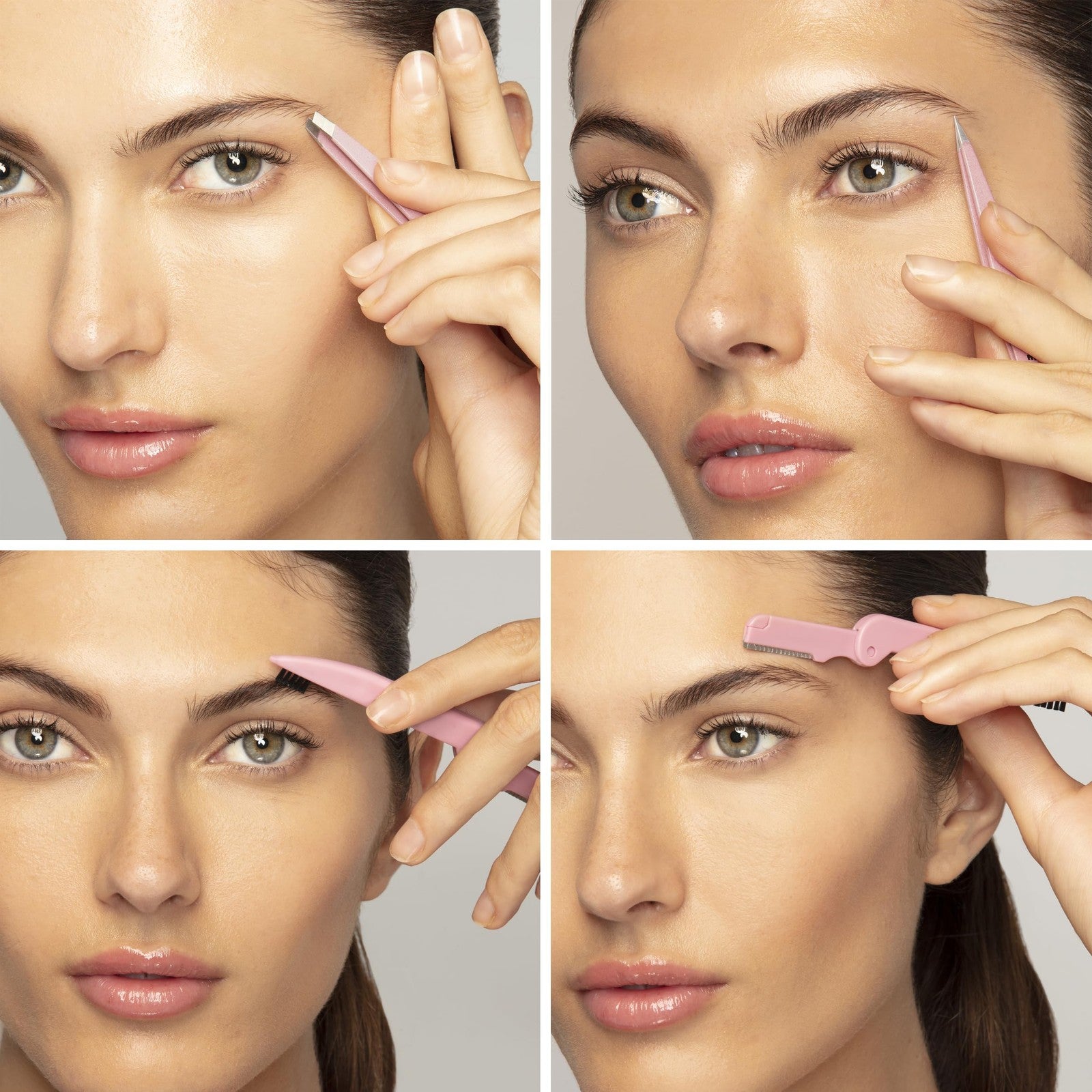 Tweezerman Tea Rose Brow Sculpting Set with tweezers, brush, and brow pencil for shaping and defining eyebrows.