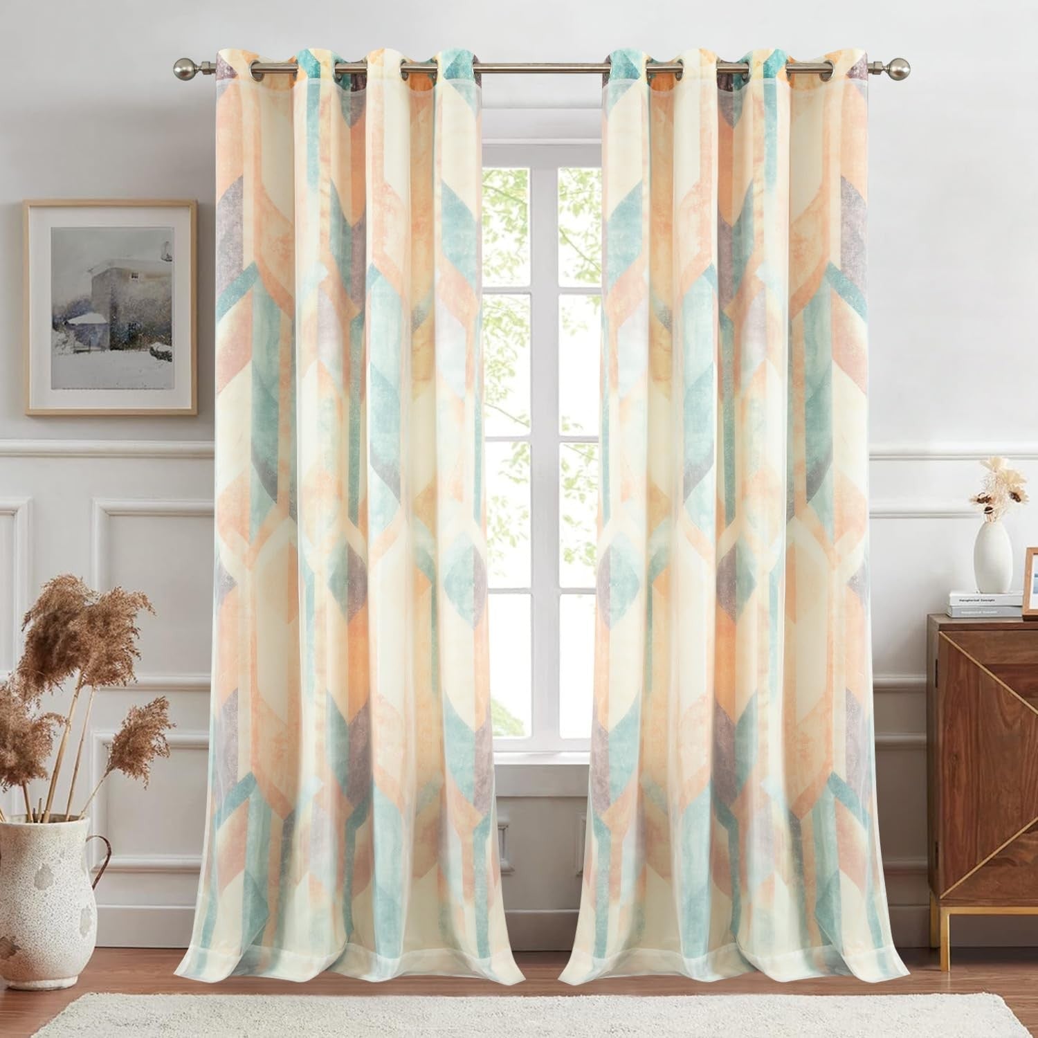 Leeva linen textured double-layered curtains with geometric print, designed for privacy and stylish window decor.