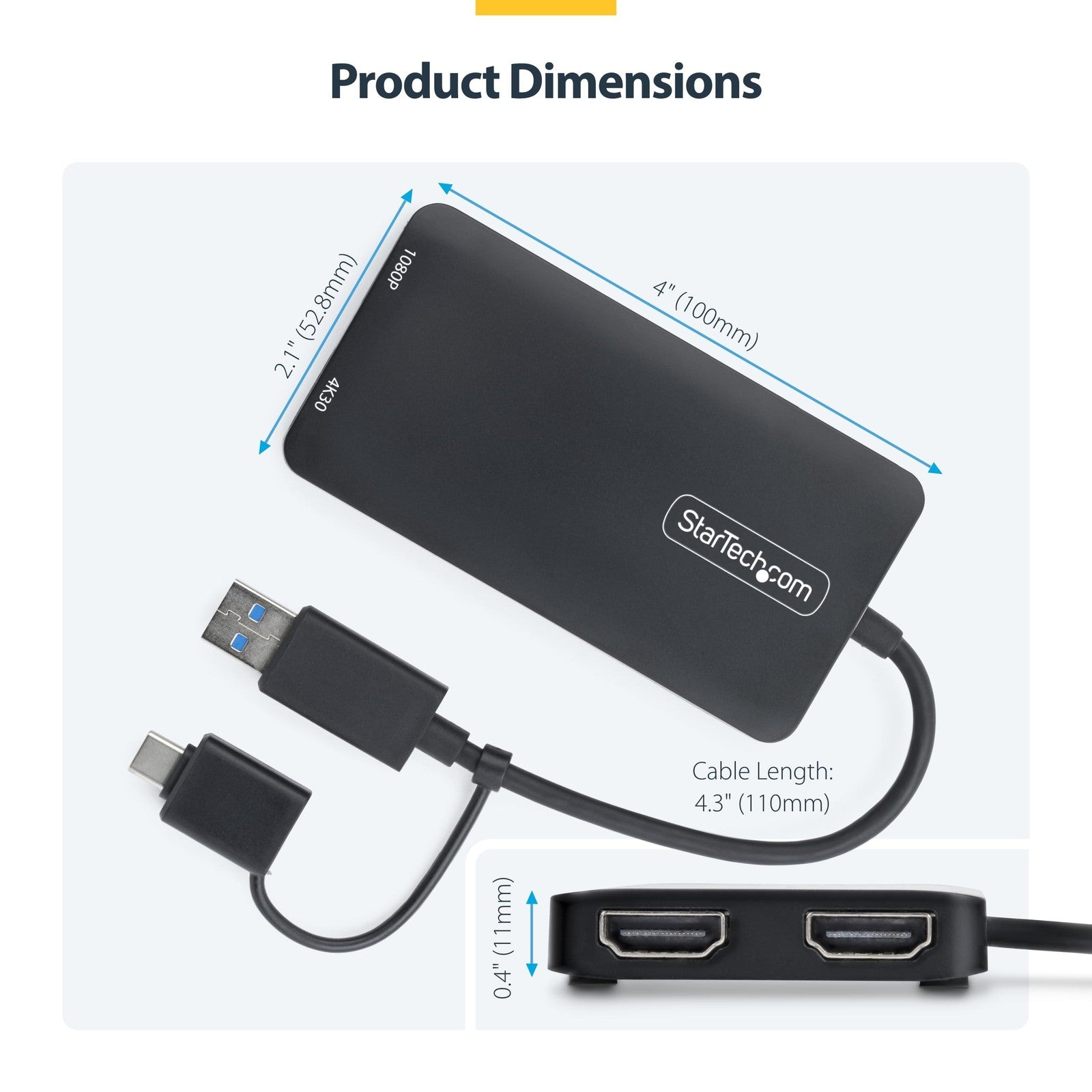 StarTech.com dual monitor adapter connected to MacBook with dual screens displaying desktop and applications.