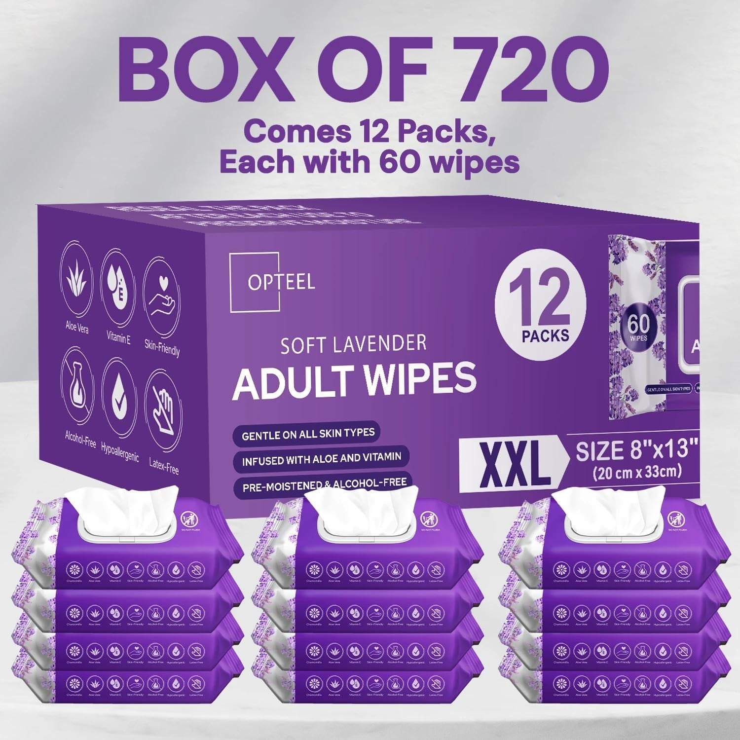 OPTEEL adult wet wipes with lavender scent, soft disposable washcloths, 720 count, ideal for gentle cleansing.