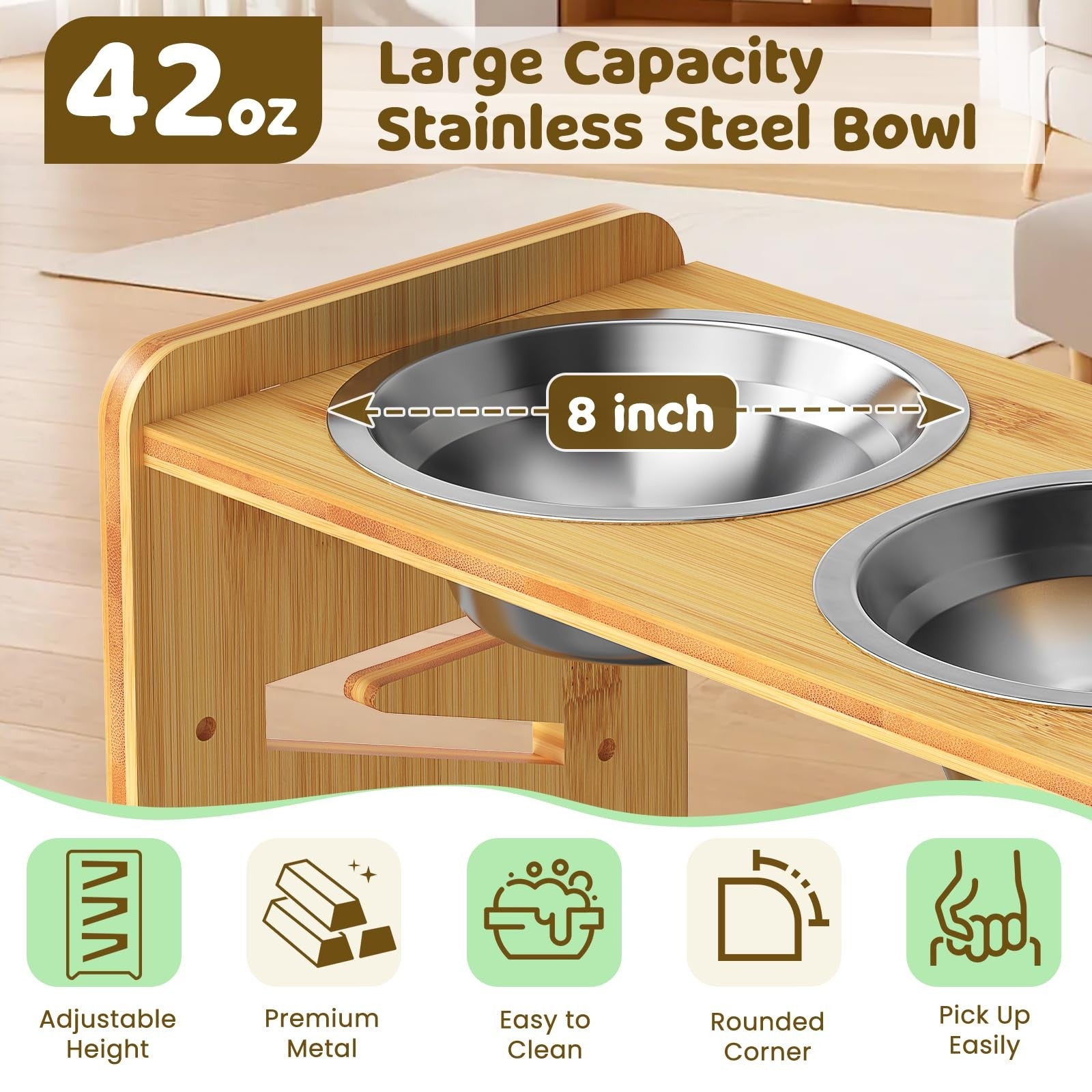 CozyLazy elevated dog bowls on adjustable stand, suitable for large and medium dogs, with a sleek, modern design.