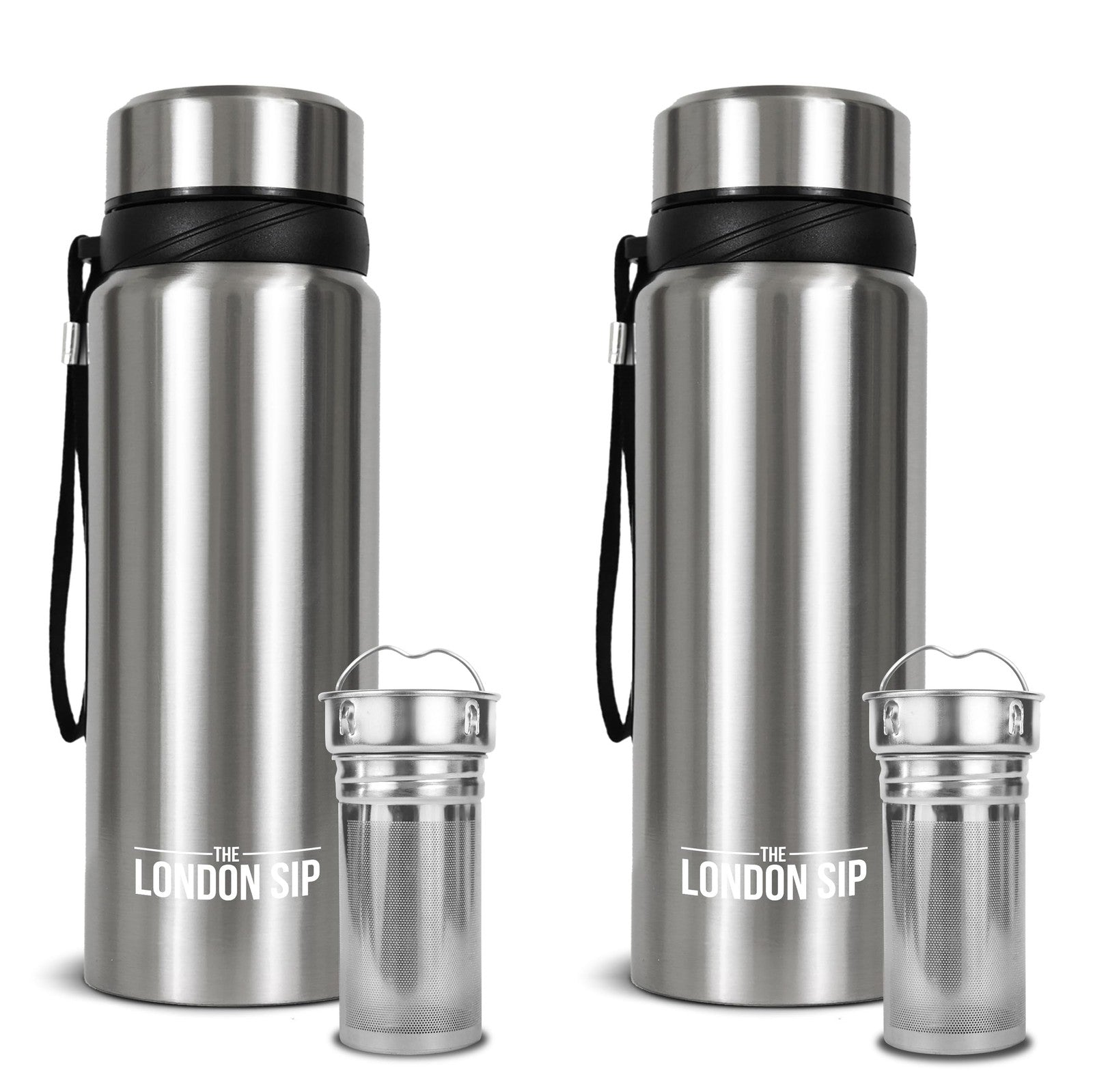 London Sip 25 oz travel mug with tea infuser, stainless steel water bottle, and multi-function lid for hot and cold beverages.