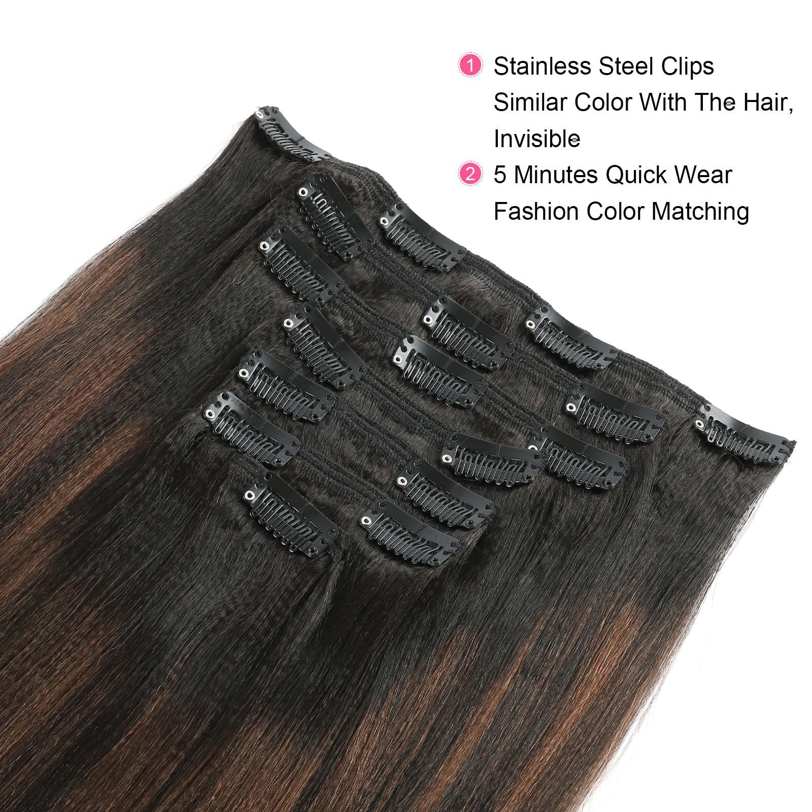 ABH AMAZINGBEAUTY HAIR Yaki Straight clip-in extensions in rooted black and natural black, showing the straight, glossy hair strands.