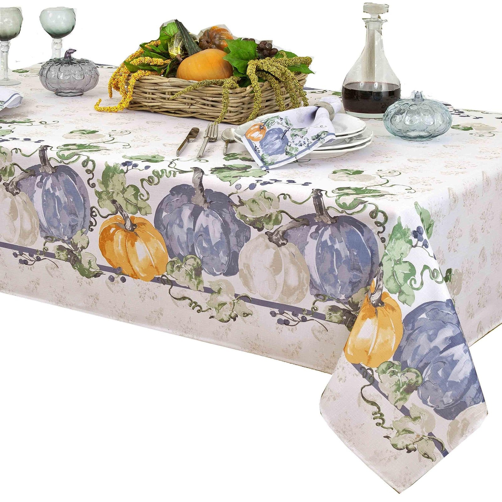 Newbridge Blue Pumpkin Vines stone-washed bordered fall and Thanksgiving season decorative plate with pumpkin and vine design.