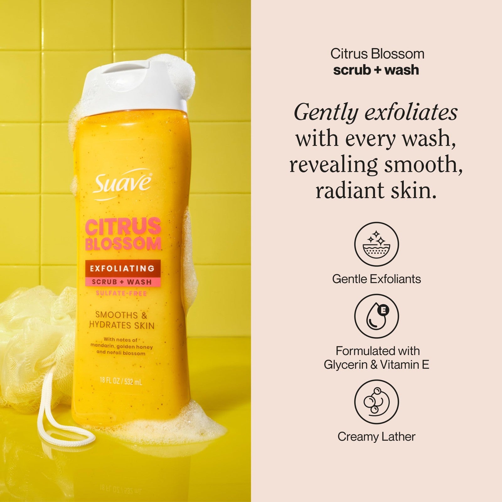 Suave Citrus Blossom exfoliating body wash and scrub with glycerin and vitamin E, showing a bottle with citrus slices and exfoliating beads
