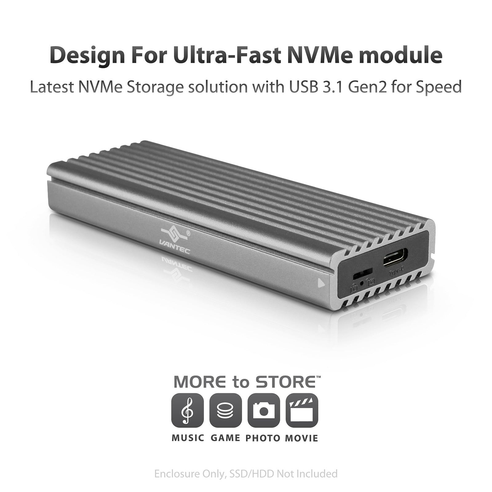 Vantec M.2 NVMe SSD to USB 3.1 Gen 2 Type C enclosure with C to C cable, showing the sleek enclosure and cable connection.