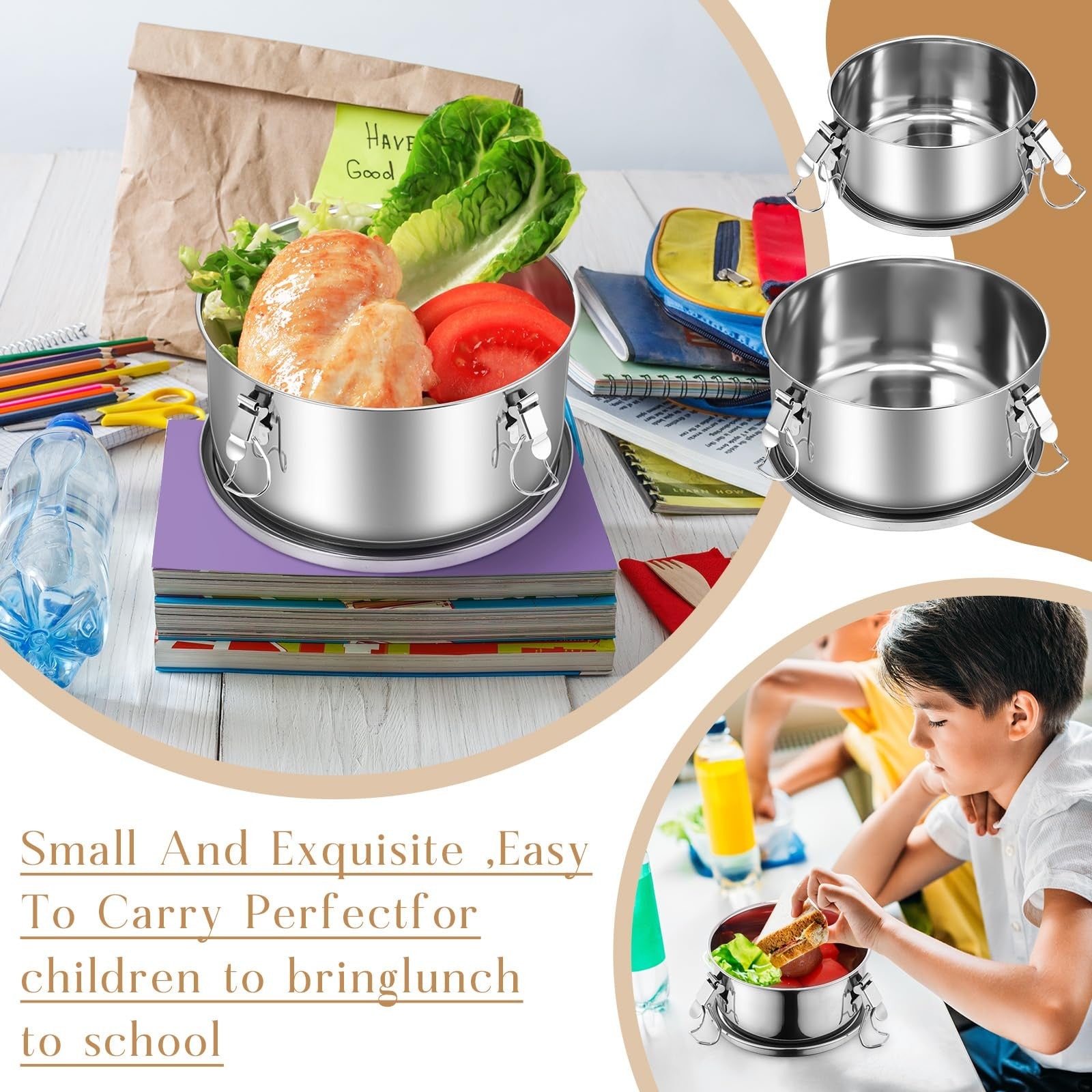 Skybooly stainless steel bento box set with six containers and lockable leak-proof clips for food storage.
