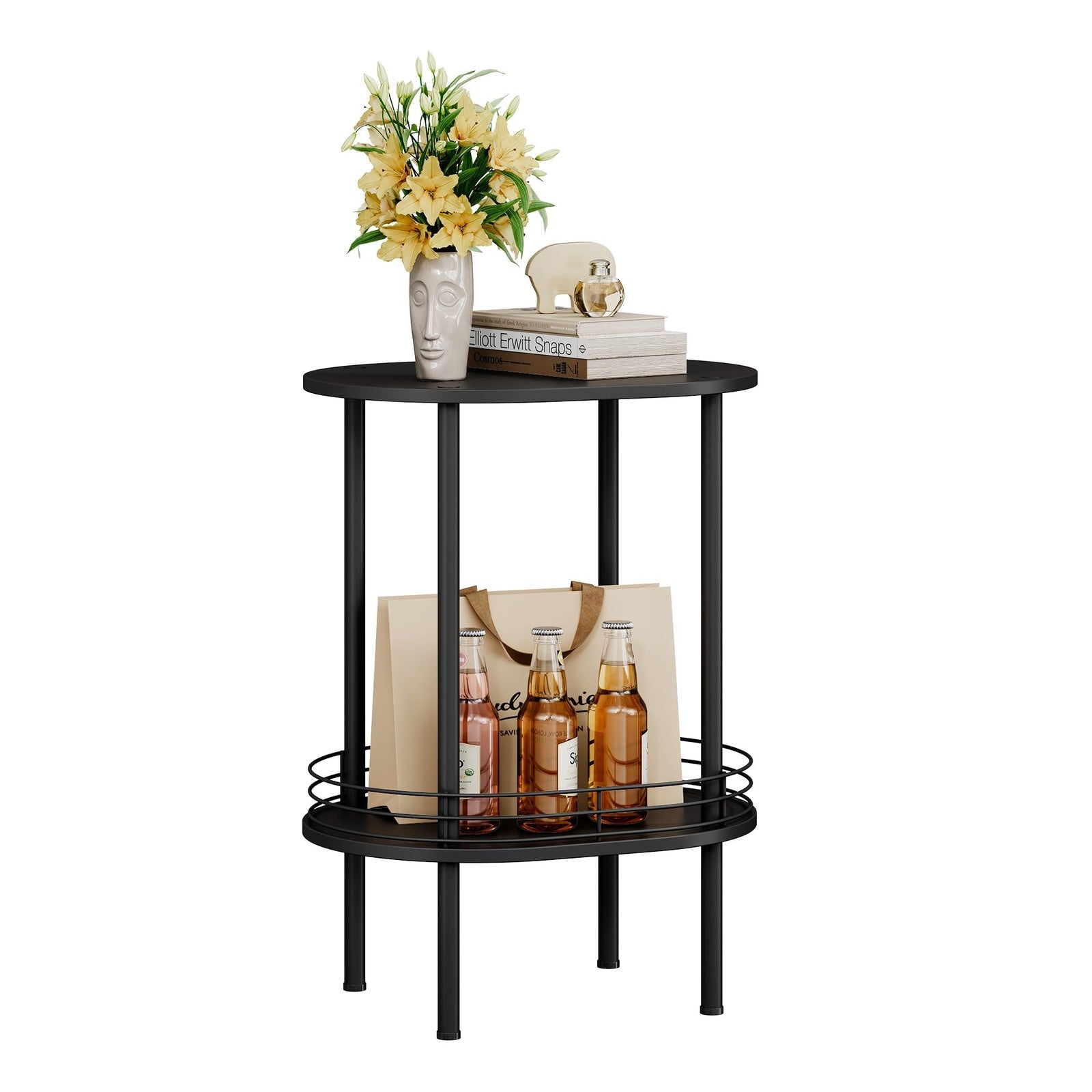 Small modern oval side table with two tiers and storage from DGSANDGO, sturdy design for living room use.