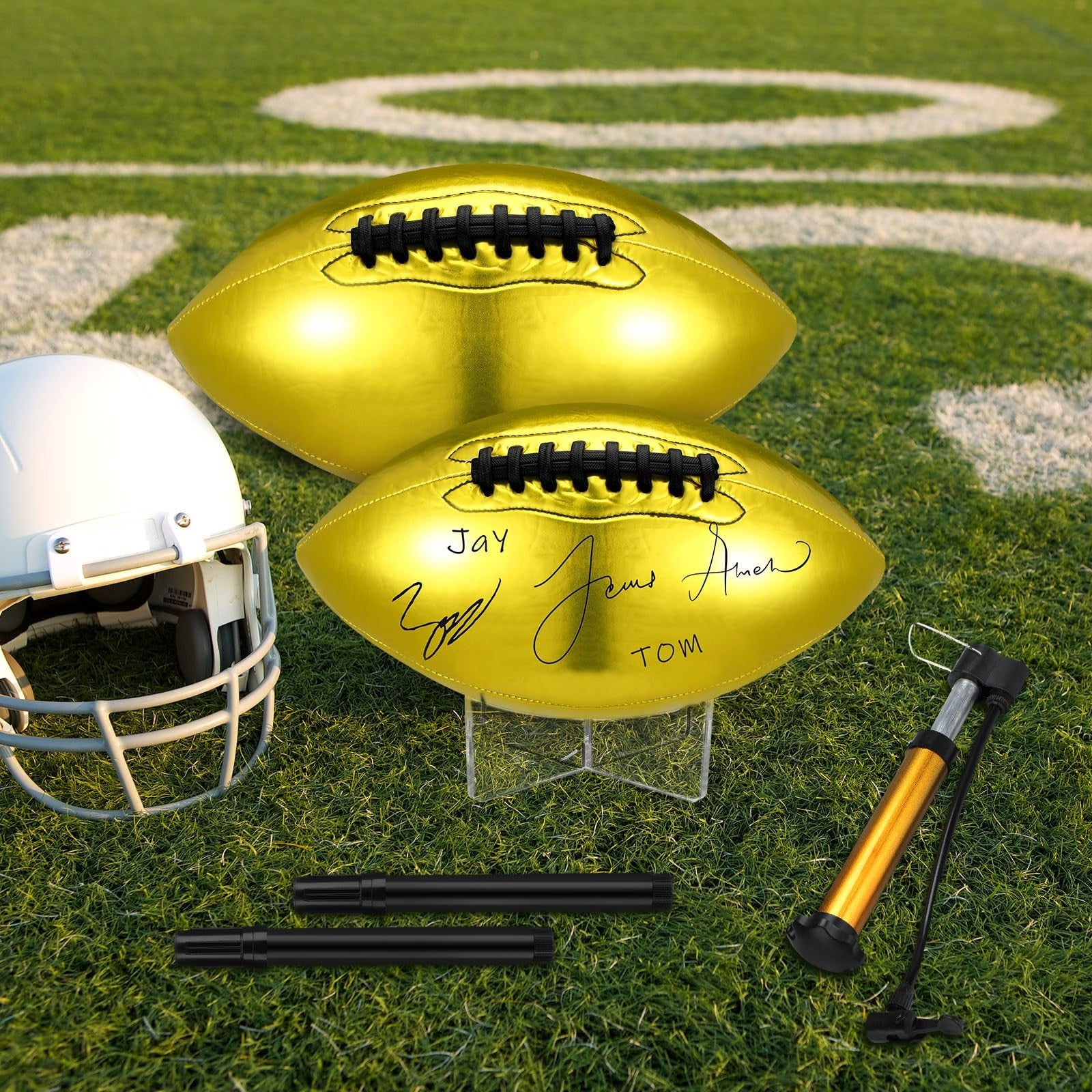 Liliful 2-piece autograph football and basketball set with two stands, official size, blank surfaces for signatures.