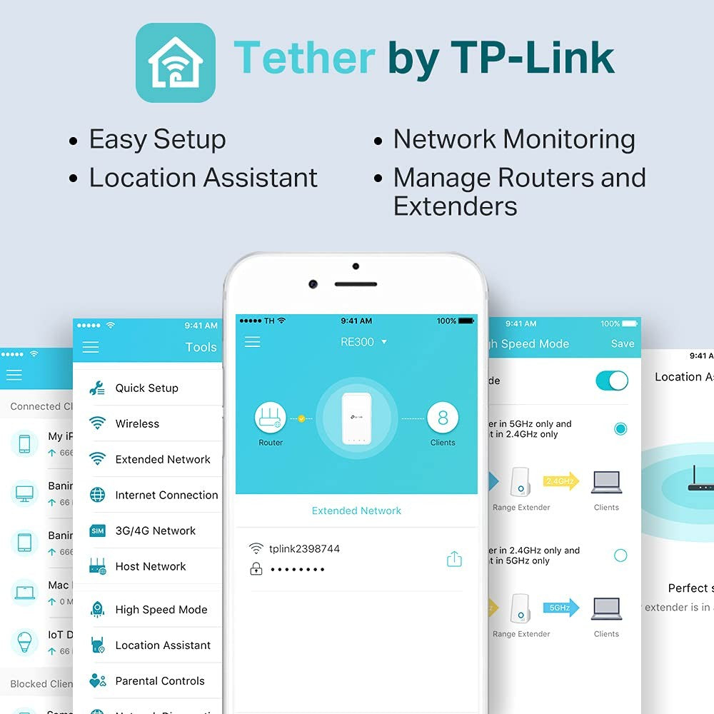 TP-Link AC1200 WiFi extender (RE300) boosting wireless signal, covering up to 1500 sq.ft and supporting 25 devices.