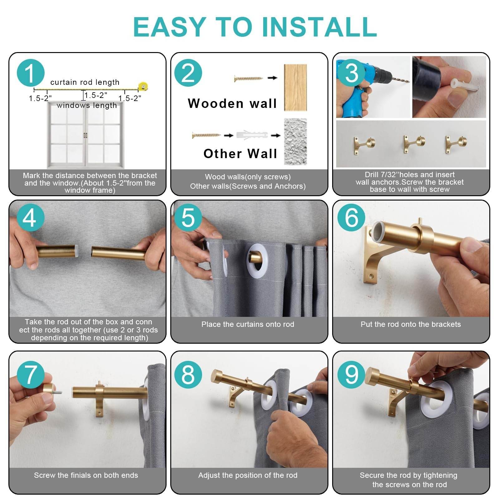 2-Pack adjustable aluminum curtain rods with warm gold finish and full surround brackets by Lwiiom