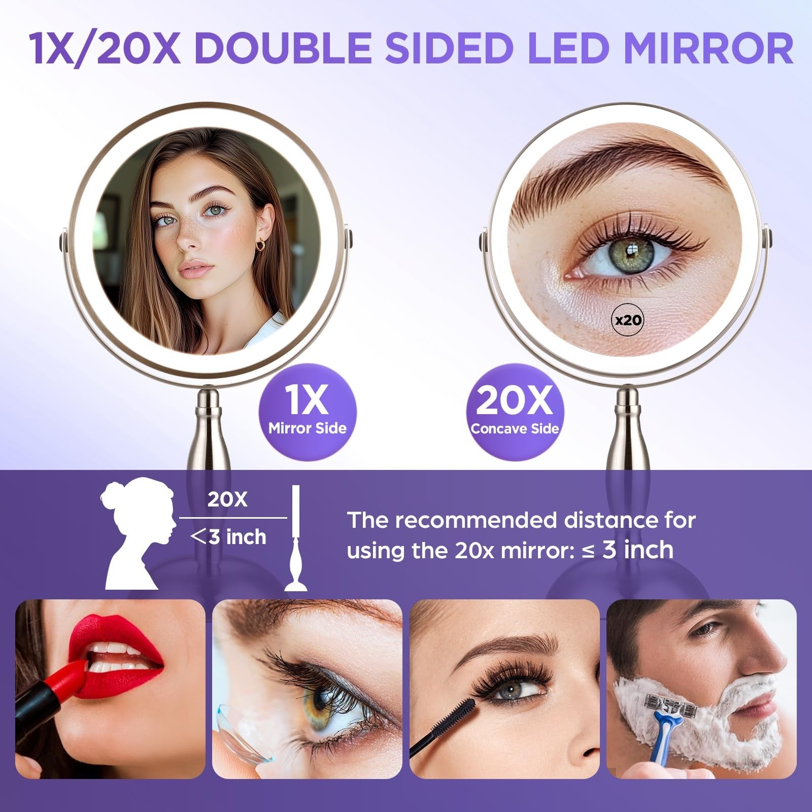 DASLAVA 20x magnifying mirror with built-in light, 3 color modes, and adjustable brightness in a sleek bathroom setup.