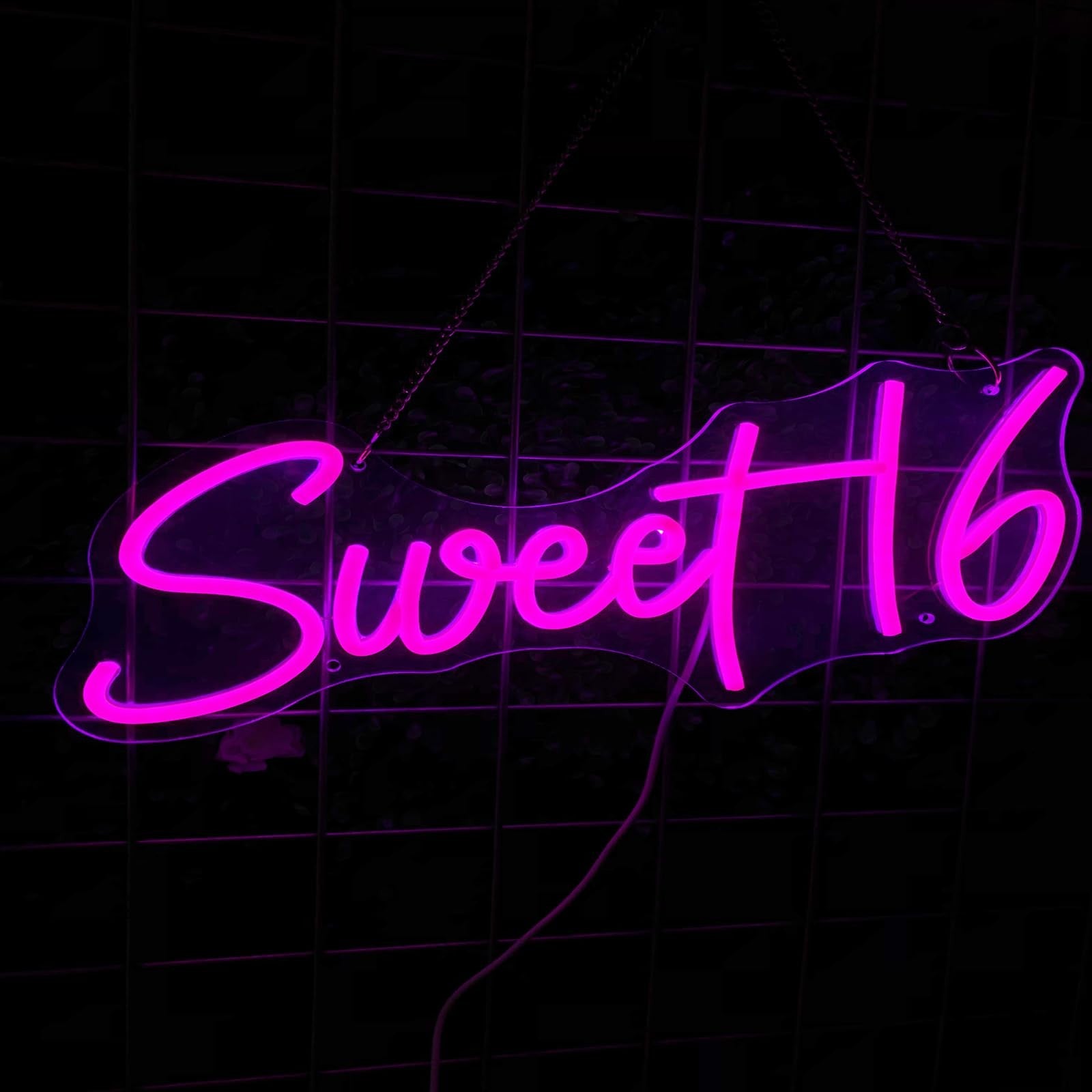 Neooglroad 16.8 inch Sweet 16 neon sign with USB power and dimmer switch, perfect for 16th birthday party decoration.