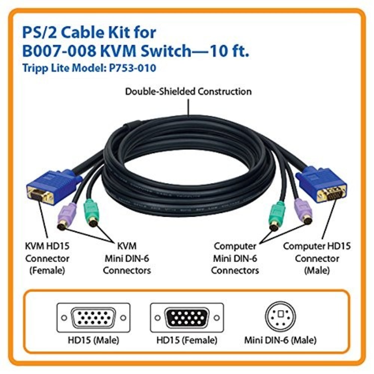 Tripp Lite P753-010 KVM PS/2 slim cable kit, 10-foot black cable for B005-002 and B007-008 KVM switches.