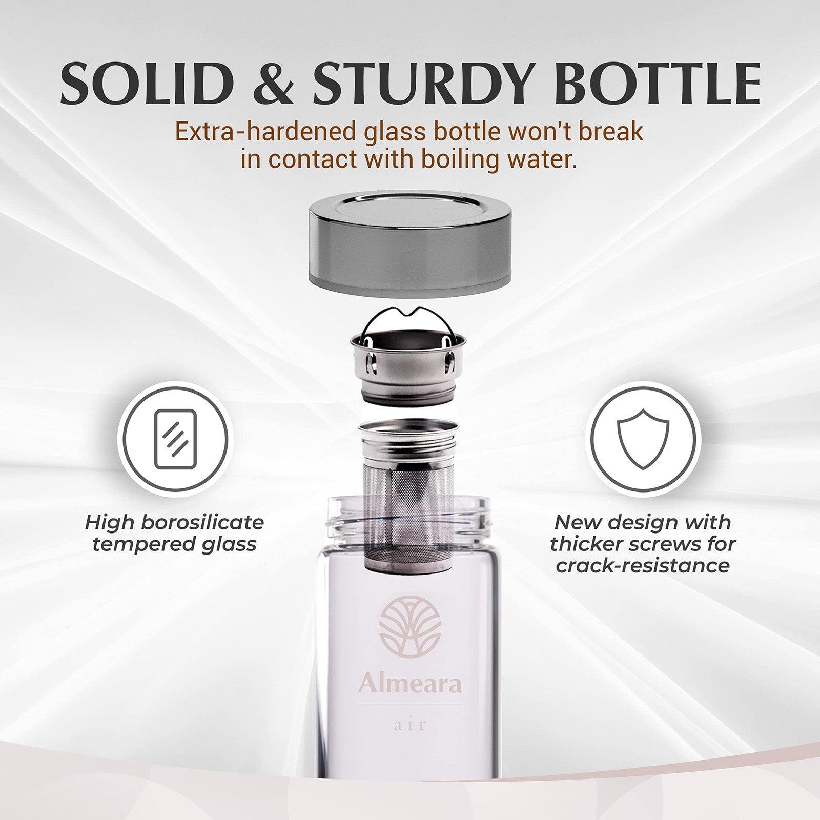 Almeara crystal water bottle with aquamarine and clear quartz accents, lead-free and BPA-free, on a neutral background.