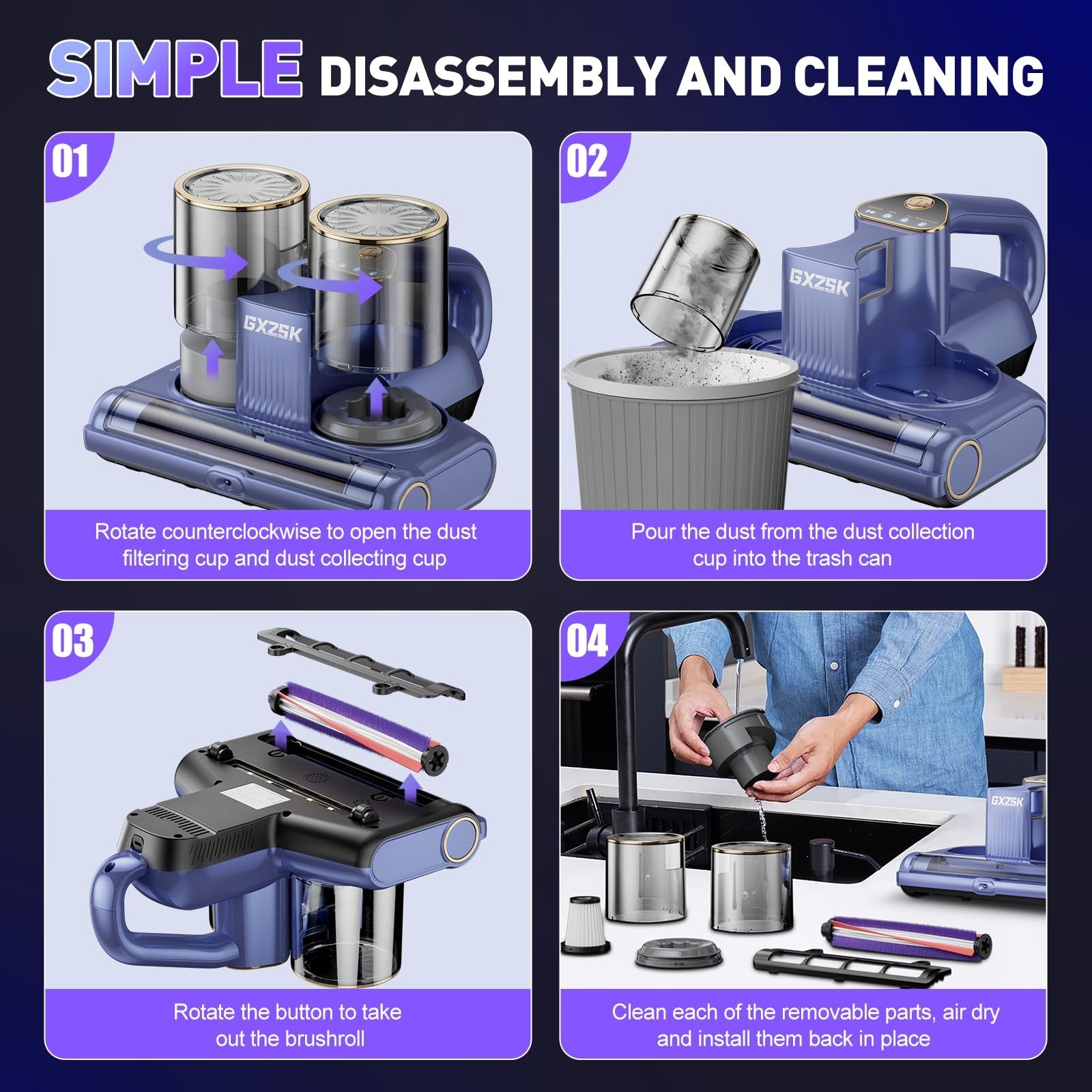 Gxzsk mattress vacuum cleaner with UV-C light, ultrasonic cleaning, and 140℉ heating in a sleek design.