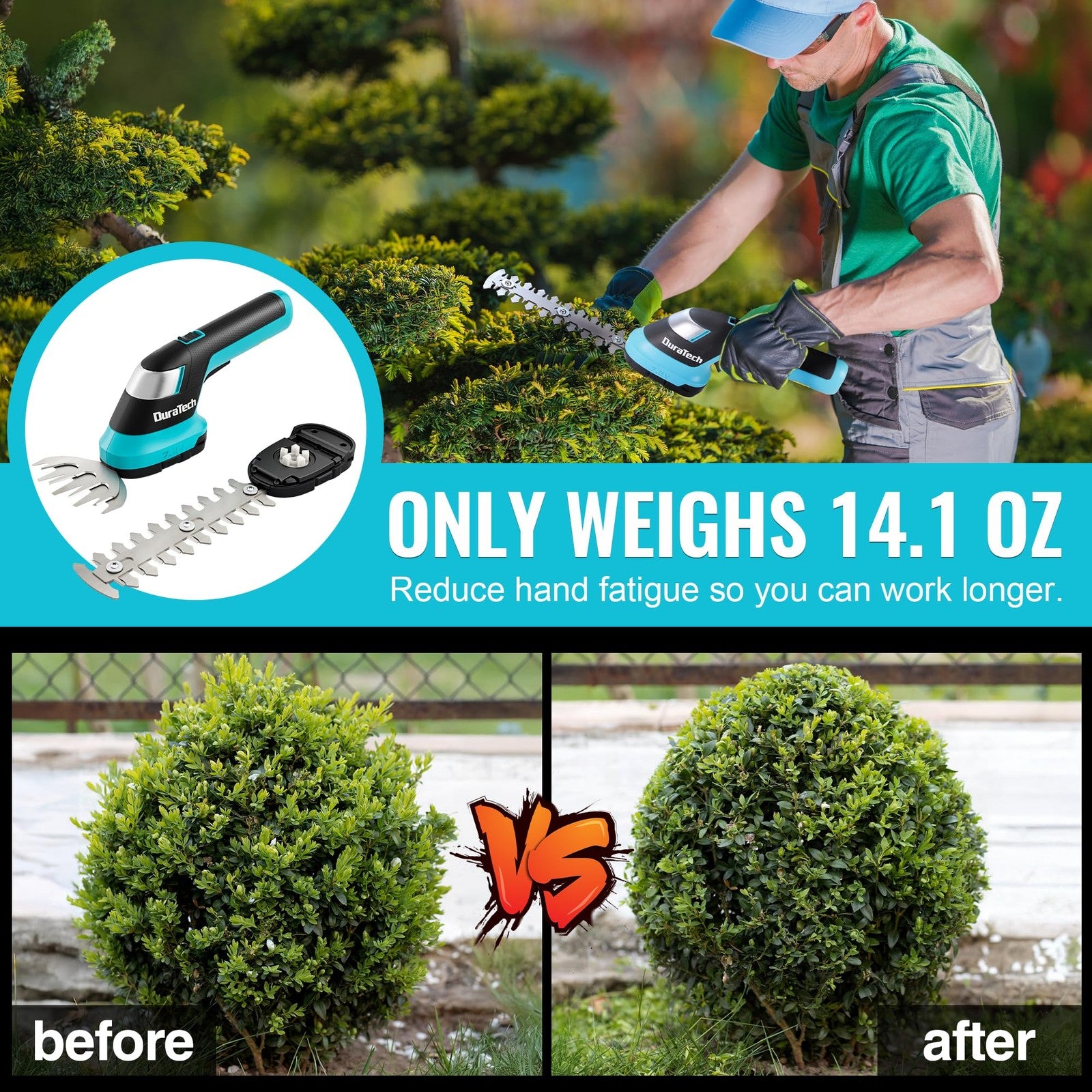 DURATECH cordless hedge trimmer and grass trimmer with 7.2V rechargeable battery, handheld lightweight garden tool.