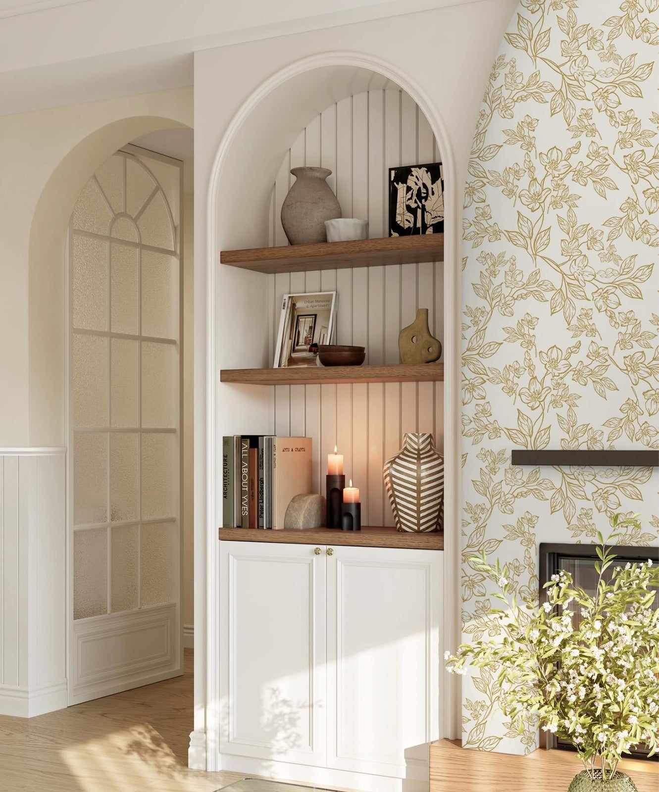 Ismoon floral wallpaper peel and stick with vintage beige and gold floral design, suitable for contact paper and home decor.