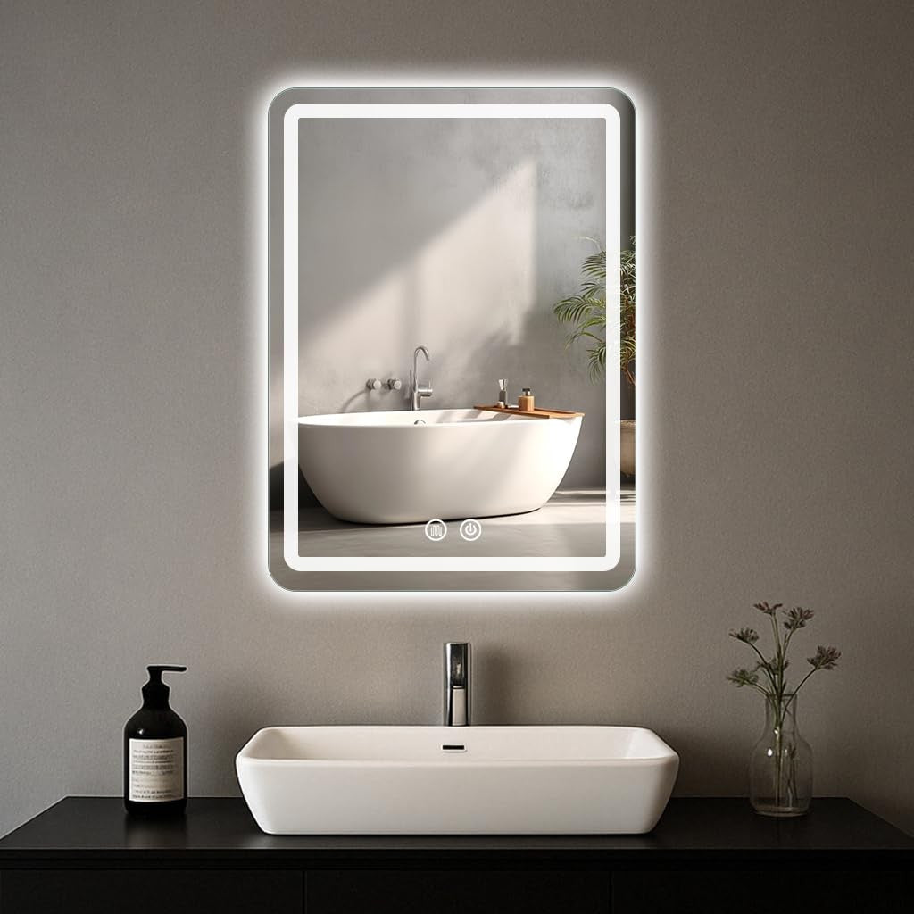 WARM&LOVE LED bathroom mirror 16x24 inches with built-in lights and anti-fog feature, modern stepless dimming functionality.
