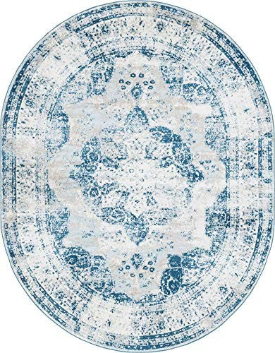 Unique Loom Sofia Collection area rug in Salle Garnier design, 8x10 oval size, featuring blue and ivory colors with intricate pattern.