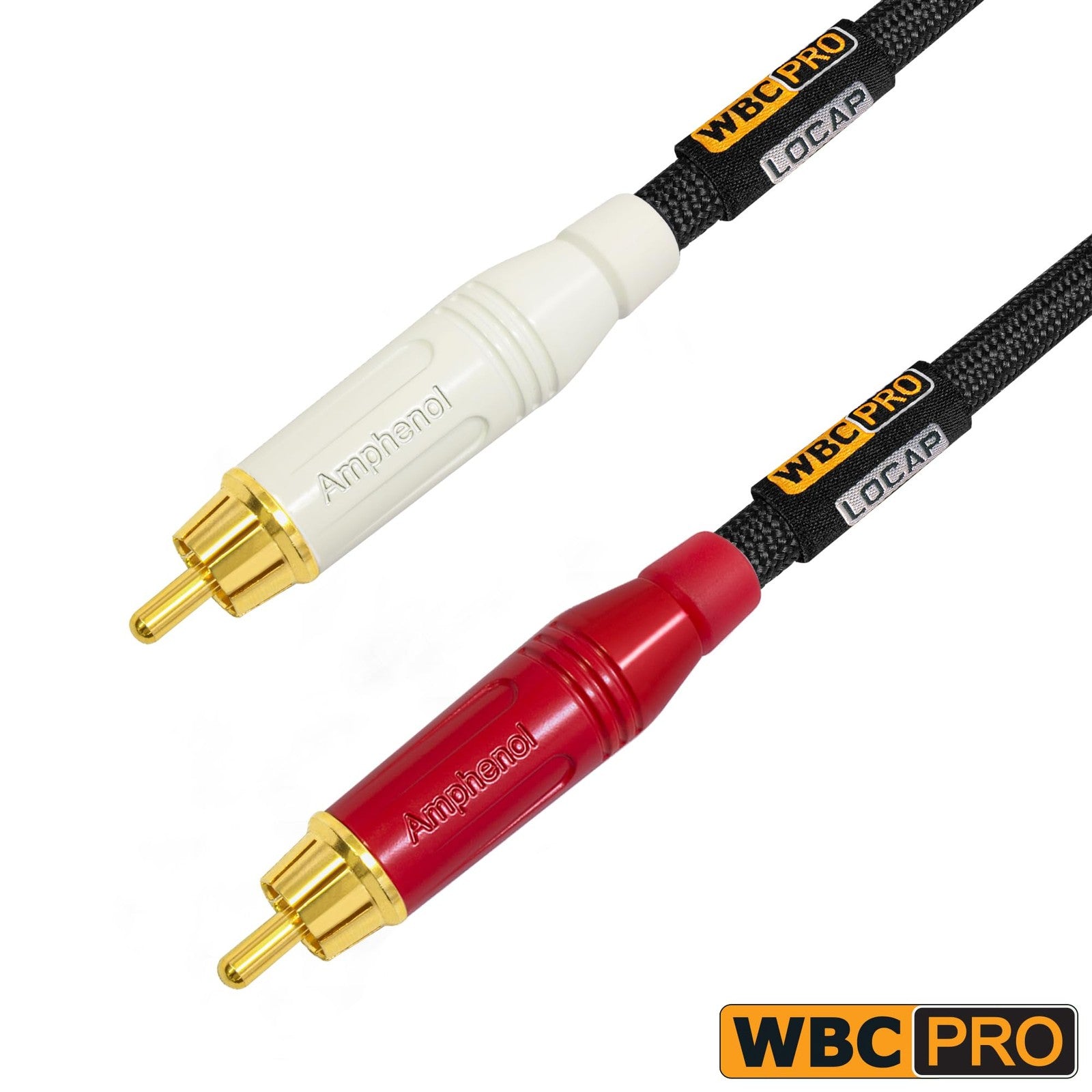 WORLDS BEST CABLES WBC-PRO-LOCAP 2.5ft audiophile RCA cable pair with low capacitance and 22 AWG construction, shown with connectors