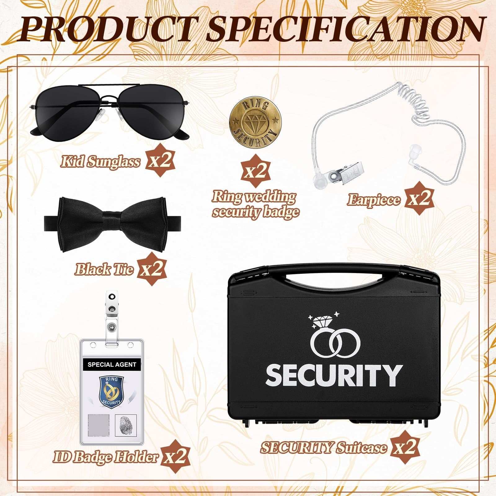 Aoriher 18-piece black plastic wedding ring bearer set with sunglasses, bow ties, badges, ID cards, and briefcases