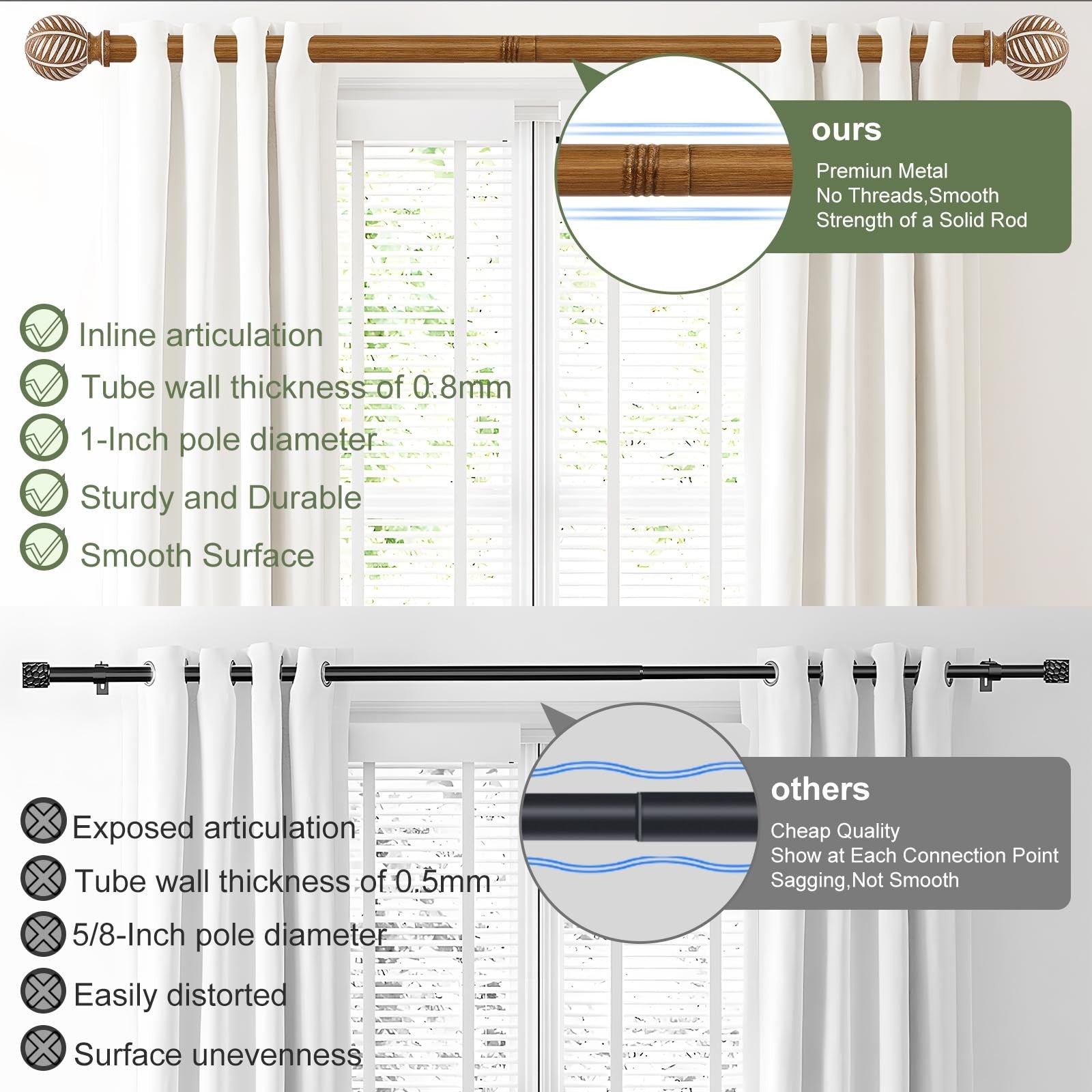HTZON 2-pack wood curtain rods with decorative finials, adjustable 28-48 inches, featuring boho style and 1-inch diameter.