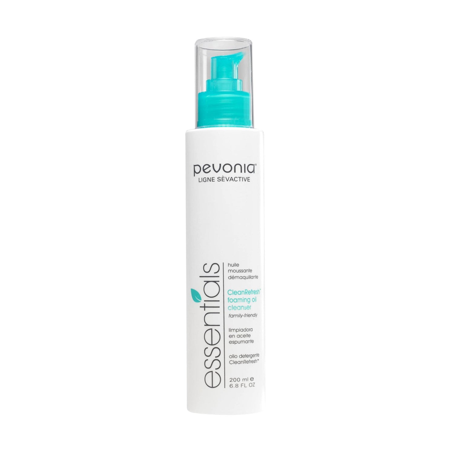 Pevonia CleanRefresh Foaming Oil Cleanser in a 6.8 fl oz bottle, showing the white foaming cleanser with a pump dispenser.