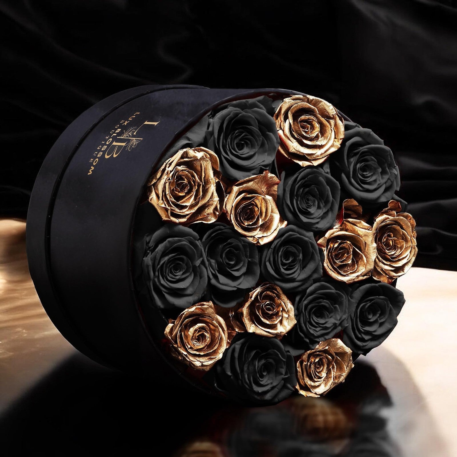 Black and gold velvet box with luxury forever roses from LUX BLOSSOM BOUTIQUE, perfect for Valentine's Day gift.