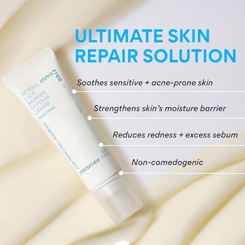 Innisfree Retinol Cica Barrier Cream jar, Korean moisturizer with madecassoside, smooth texture and soothing skincare benefits.