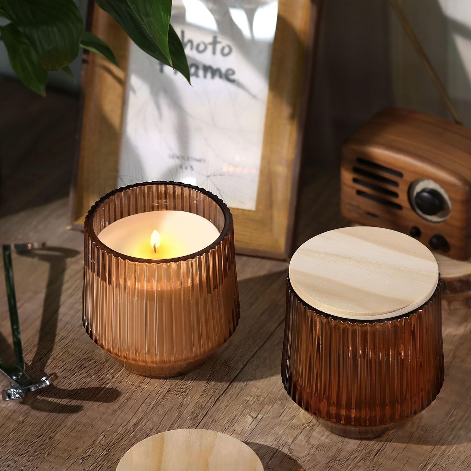 Six Simeitol 13 oz terracotta ribbed glass candle jars for making candles, shown in a row with open tops and textured surface.
