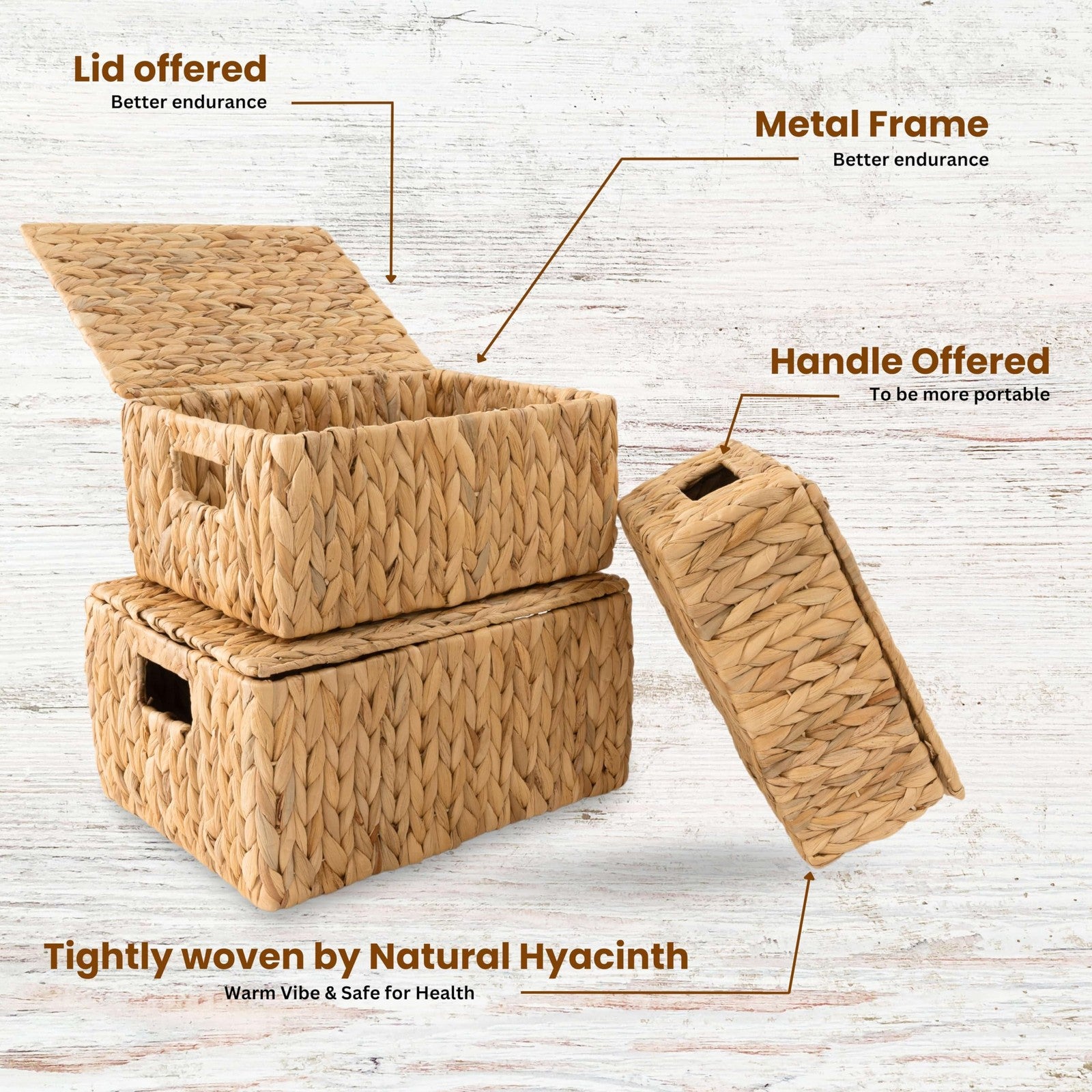 Set of three wicker storage baskets with lids by KOLWOVEN, decorative rectangular baskets for organizing and storage.